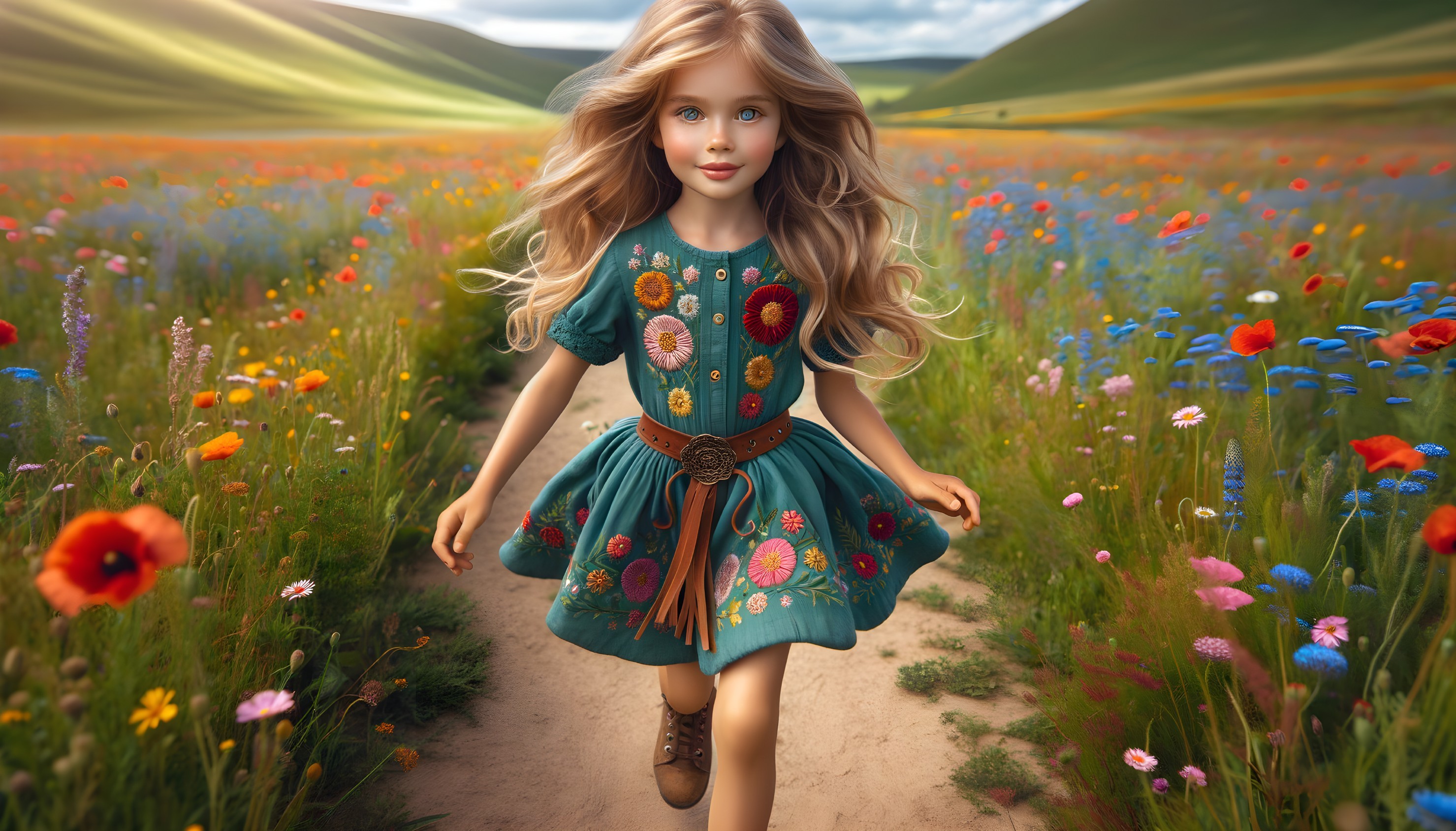 Young girl in green dress running through flower meadow
