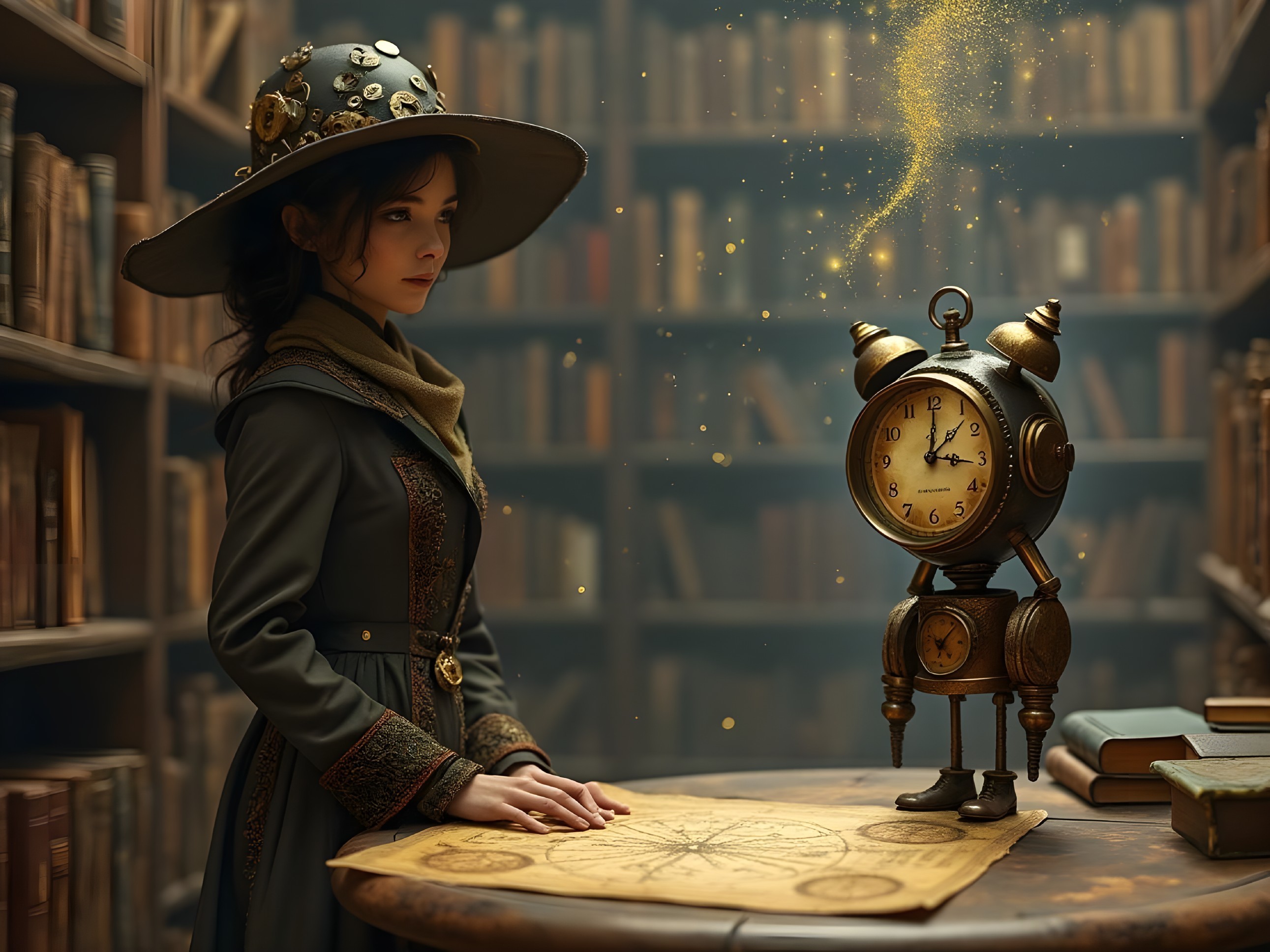 Whimsical Library Scene with Map and Clockwork Robot