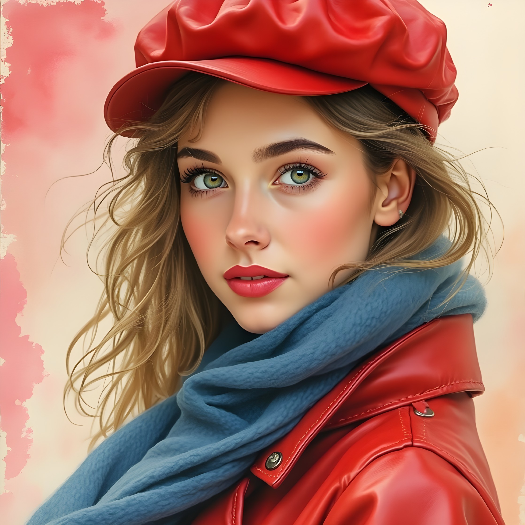 Young woman in red leather jacket with green eyes