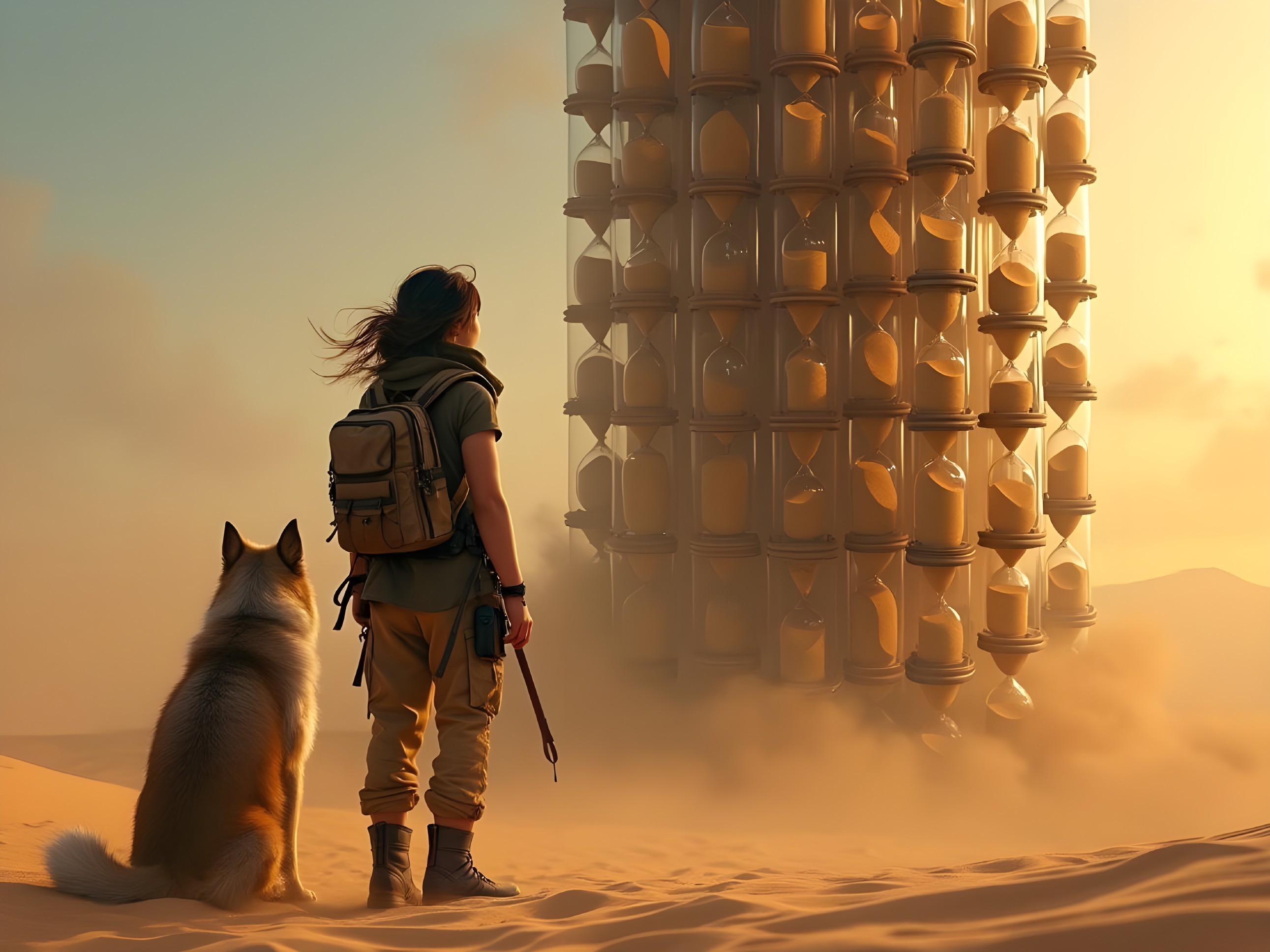 Desert Sunset with Traveler and Hourglass Structure