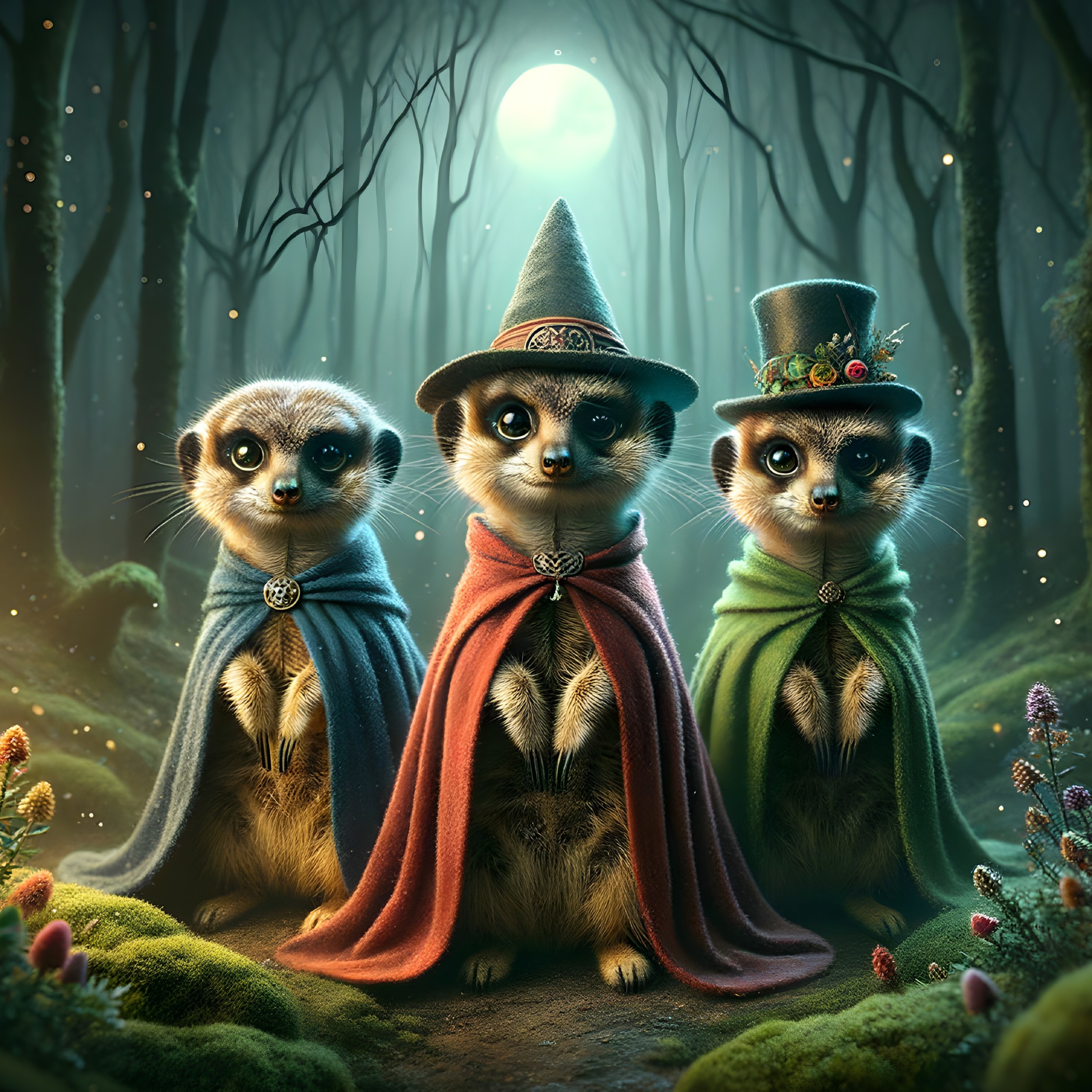 Meerkats in Hats Amidst a Mystical Forest Scene