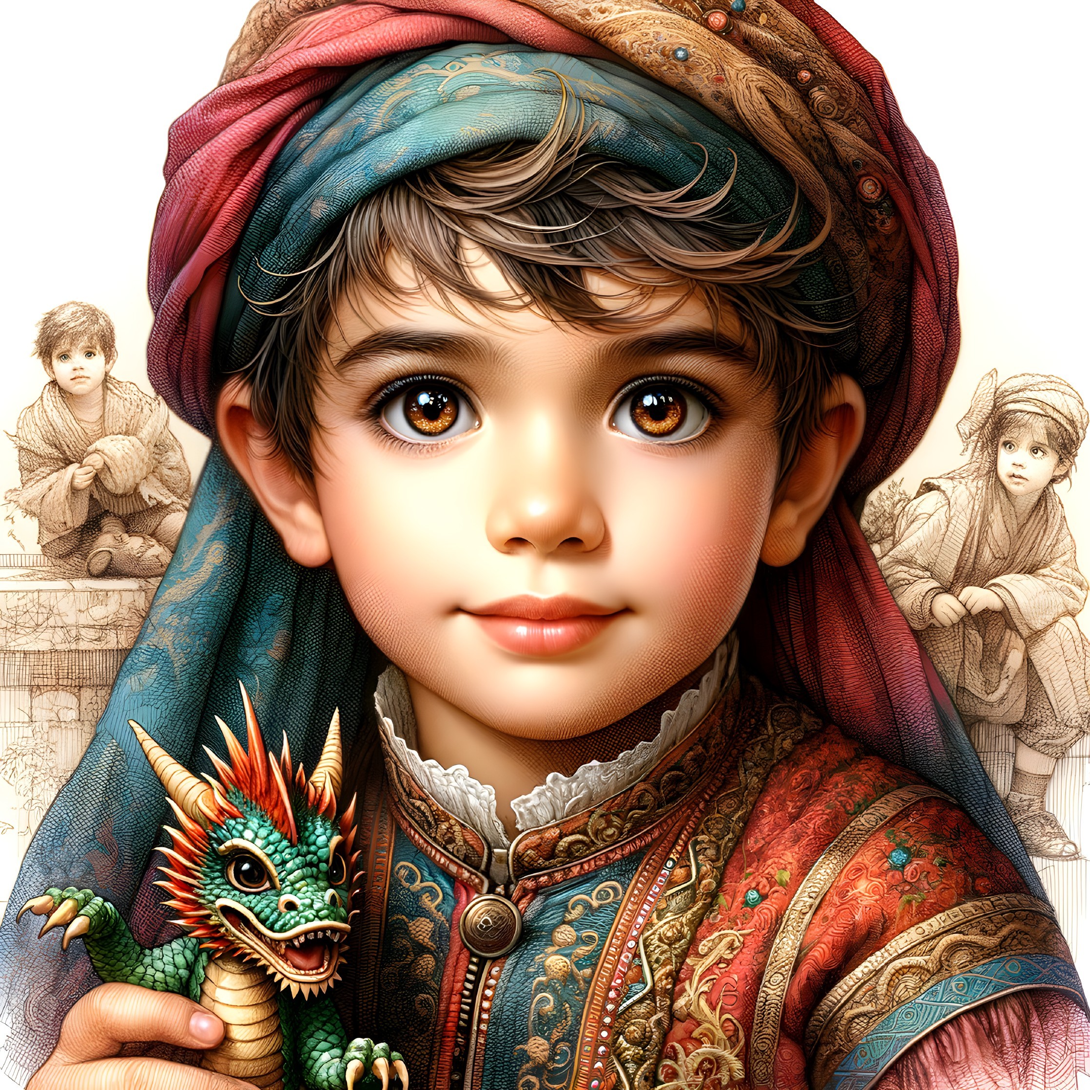 Young Boy in Colorful Clothing with Dragon Figurine