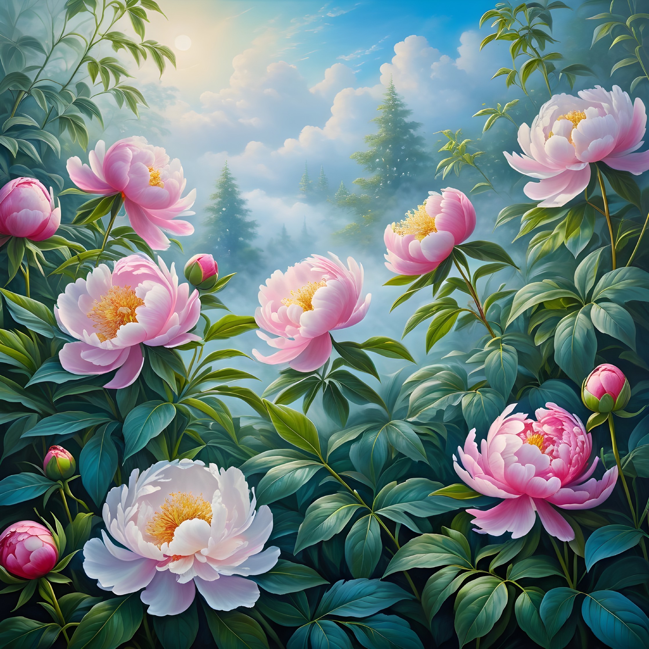 Serene garden scene with vibrant pink peonies blooming