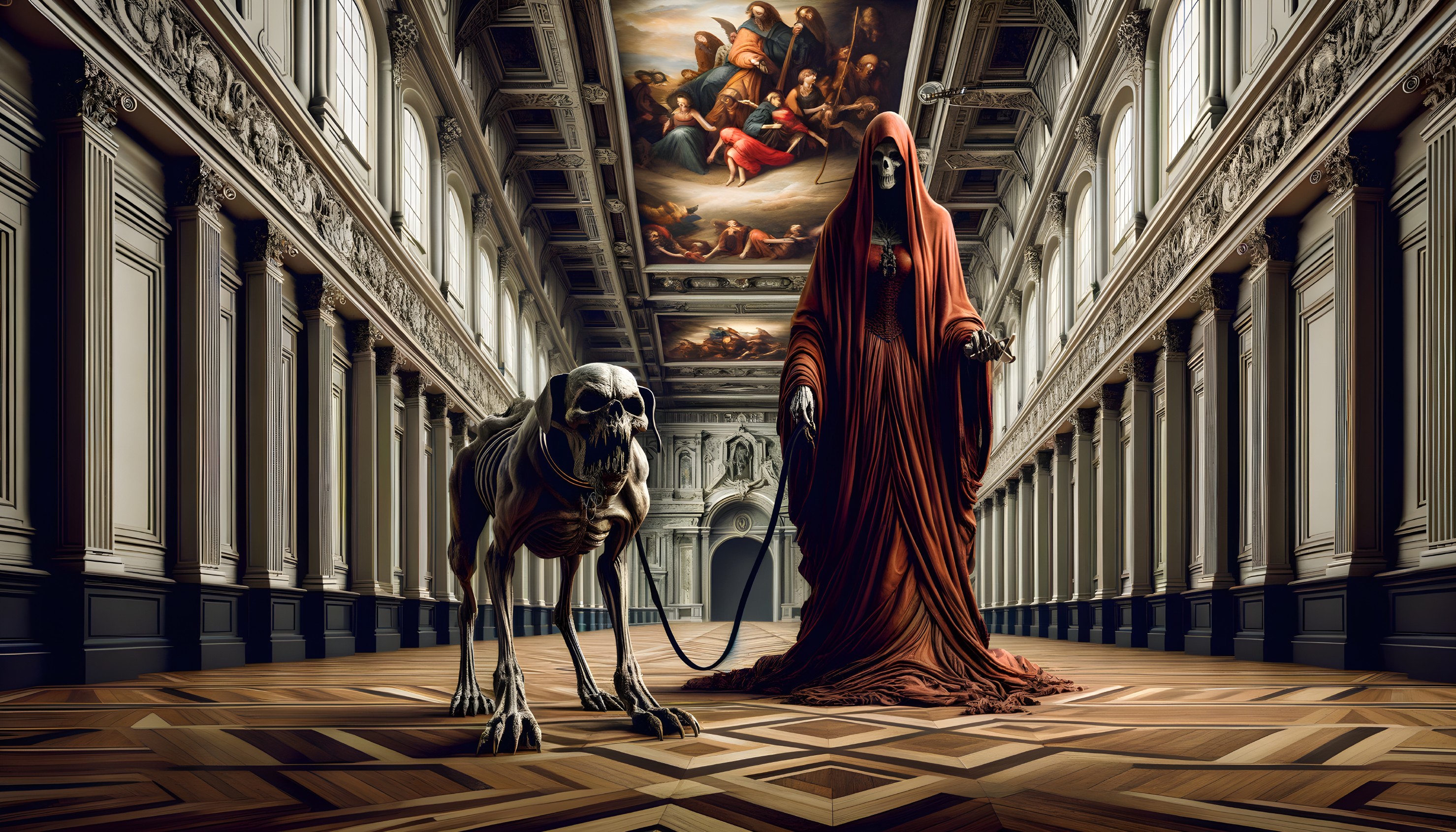 Hooded Figure in Red Robes with Skeletal Creature in Ornate Hallway