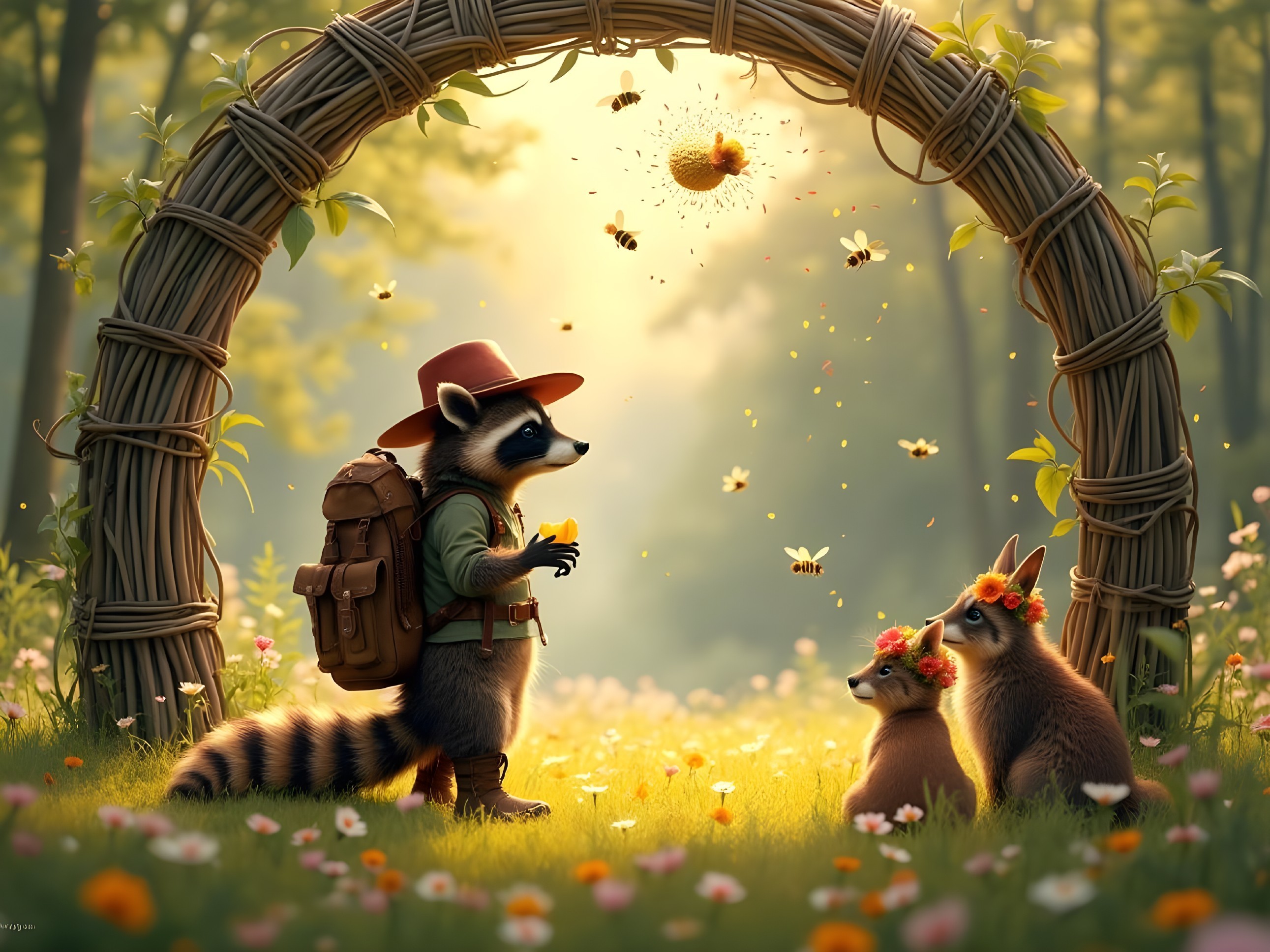 Raccoons in a sunlit forest with whimsical elements
