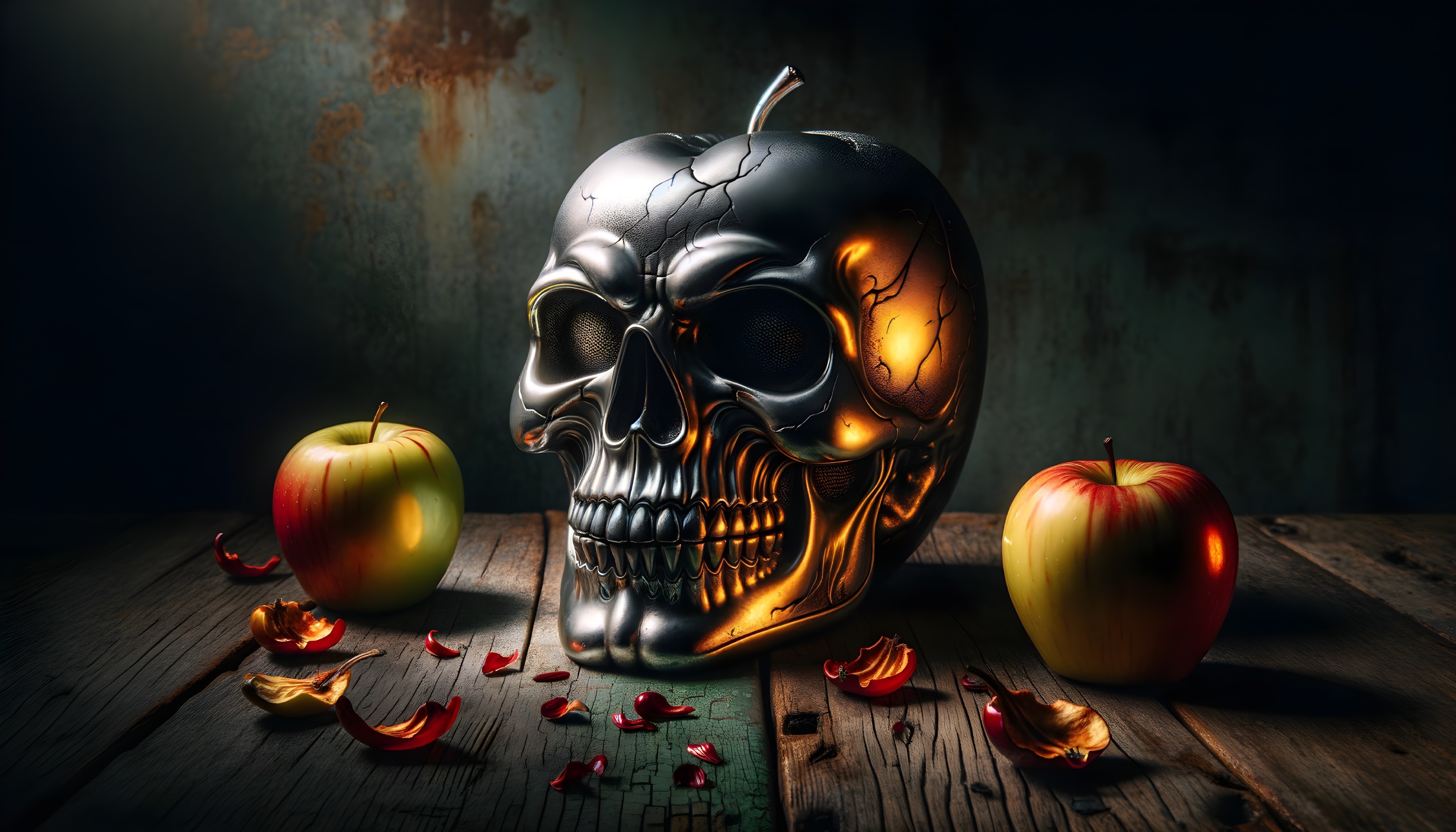 Metallic Skull Surrounded by Green Apples and Petals