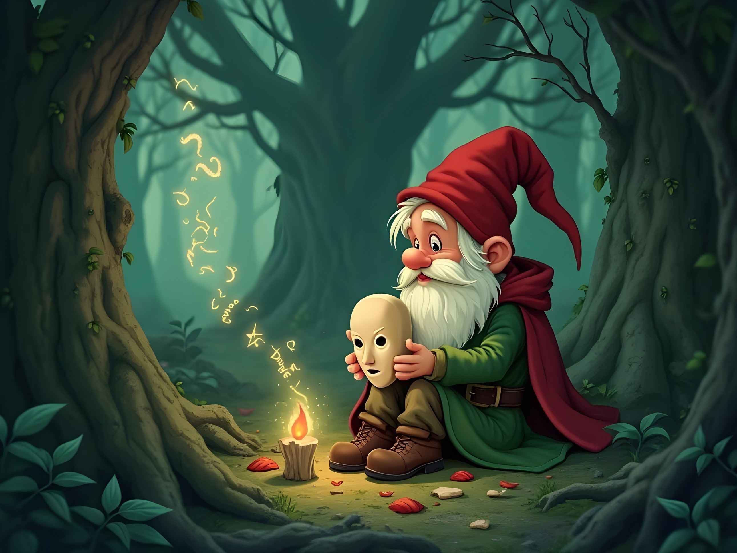 Whimsical Gnome with Mask in Mystical Forest Setting