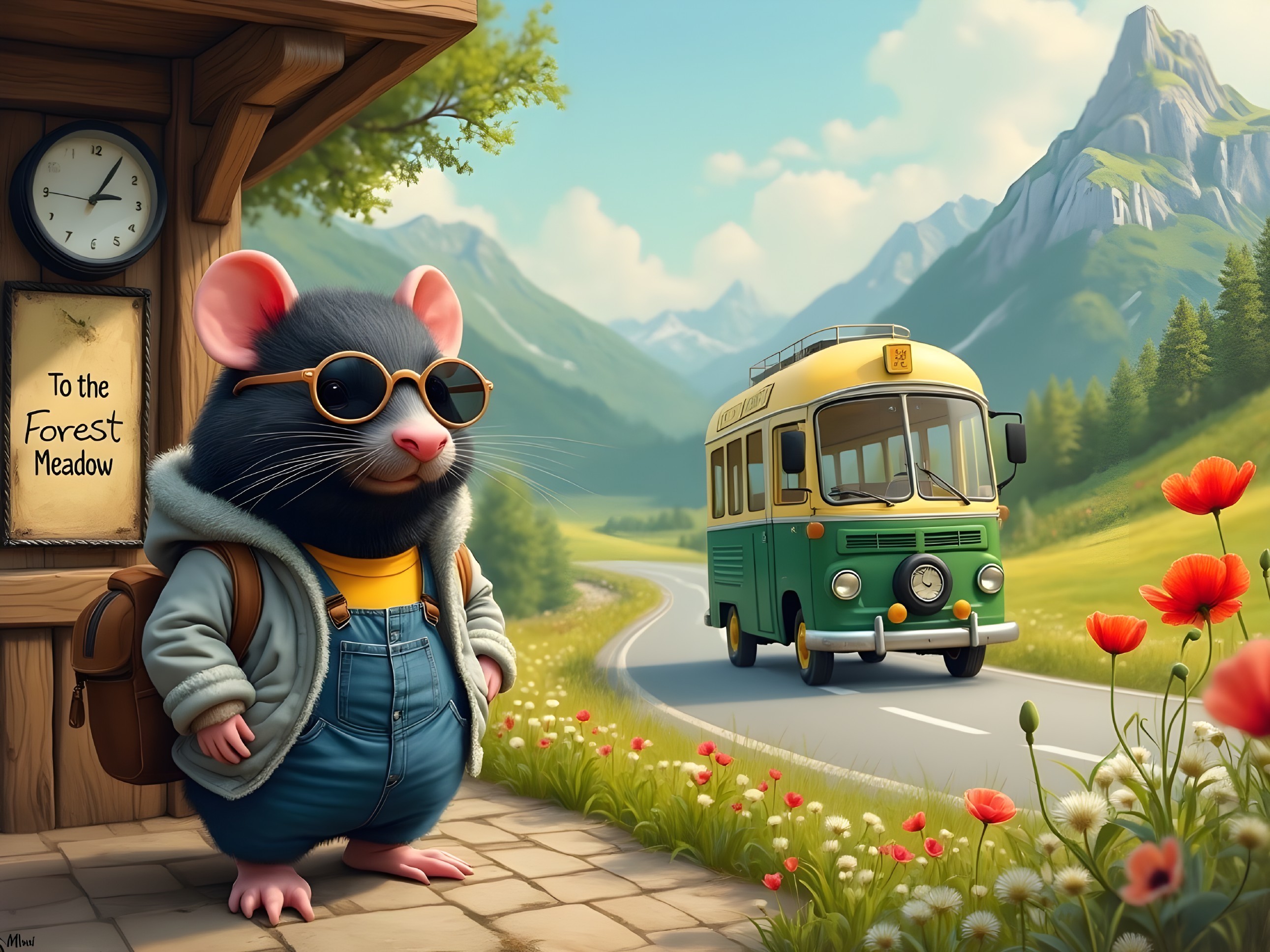 Stylish Mouse at Whimsical Bus Stop to Forest Meadow