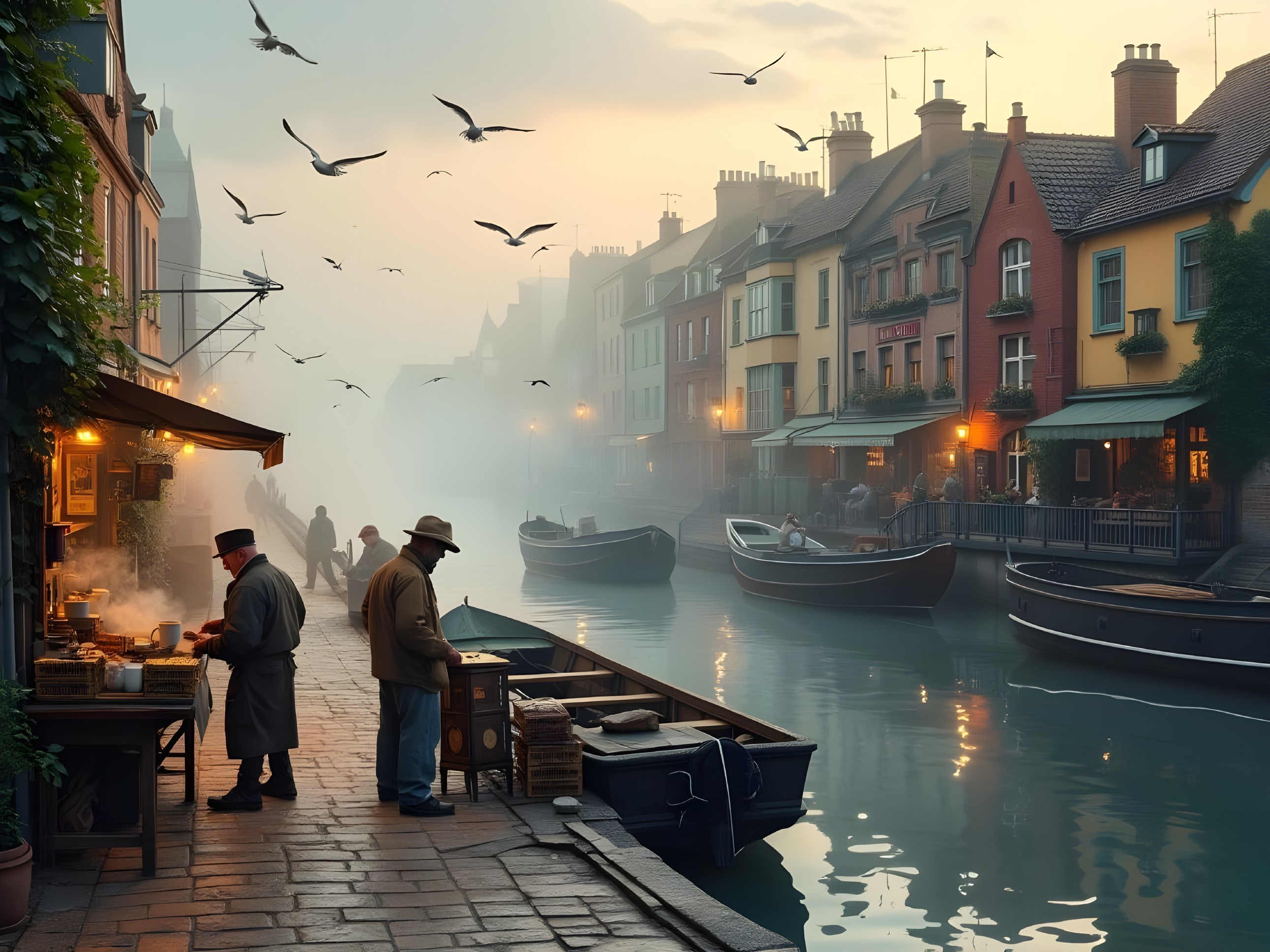 Tranquil Canal Scene with Figures and Charming Buildings