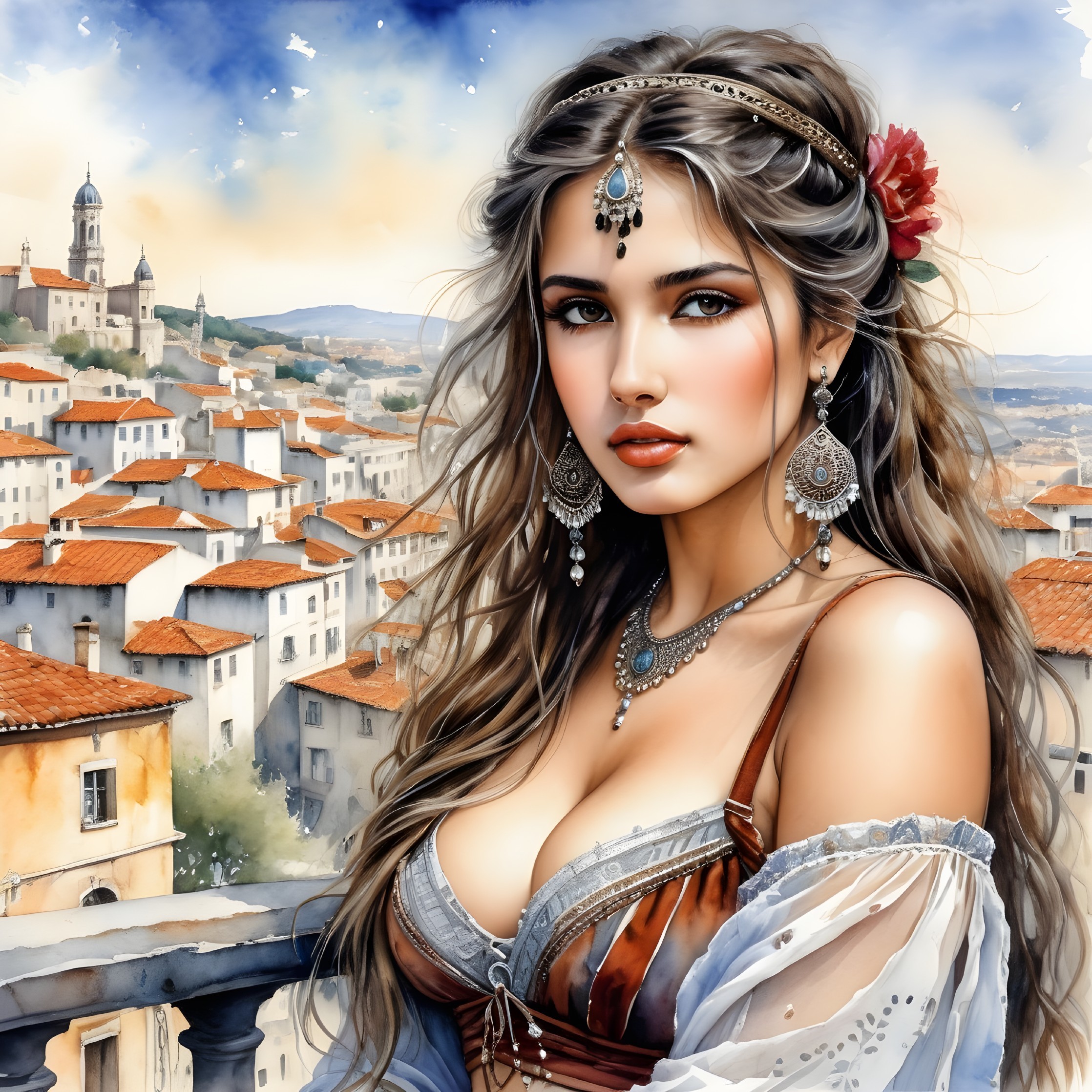 Young Woman in Historical Dress Against Quaint Town