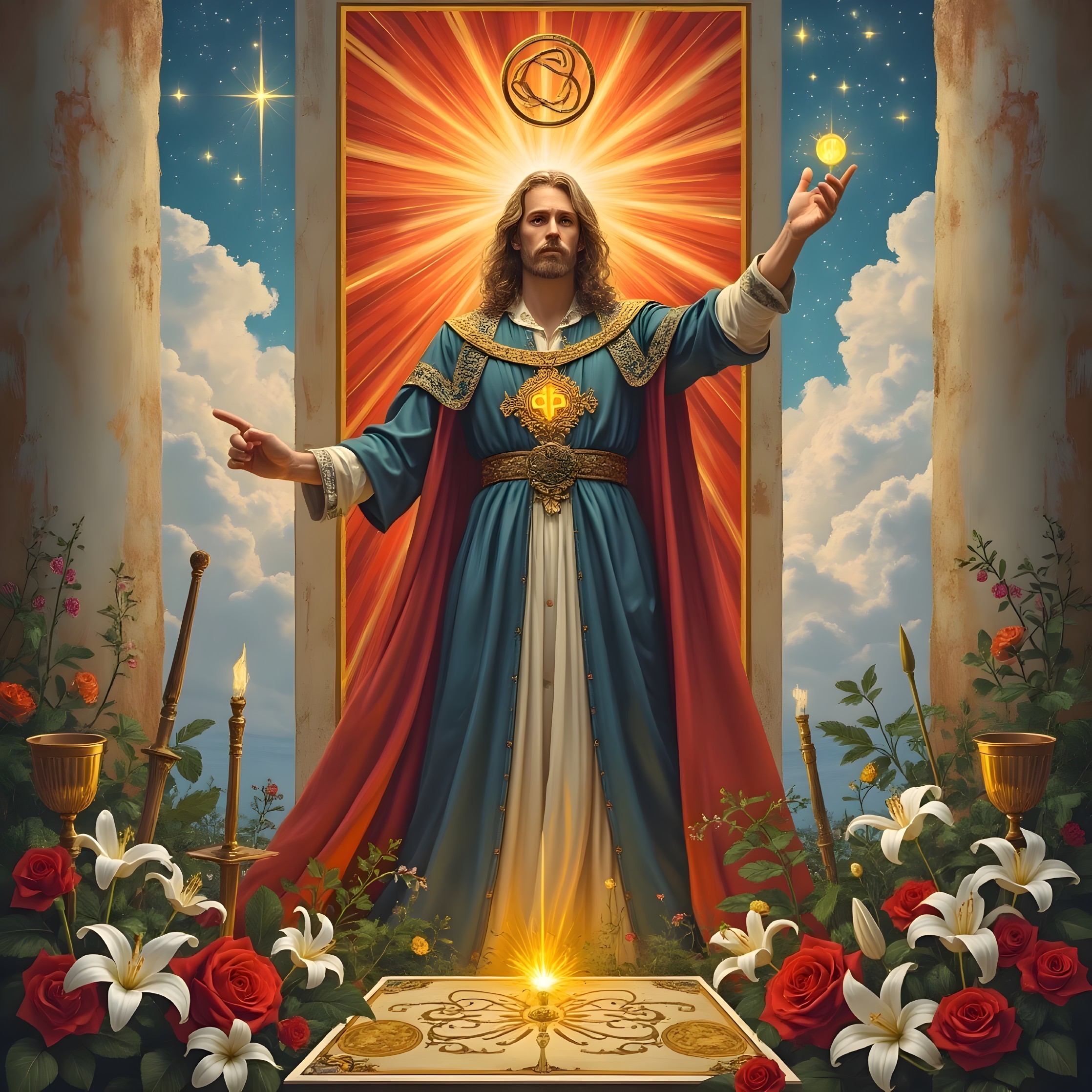 Majestic Figure in Divine Setting with Symbolic Elements