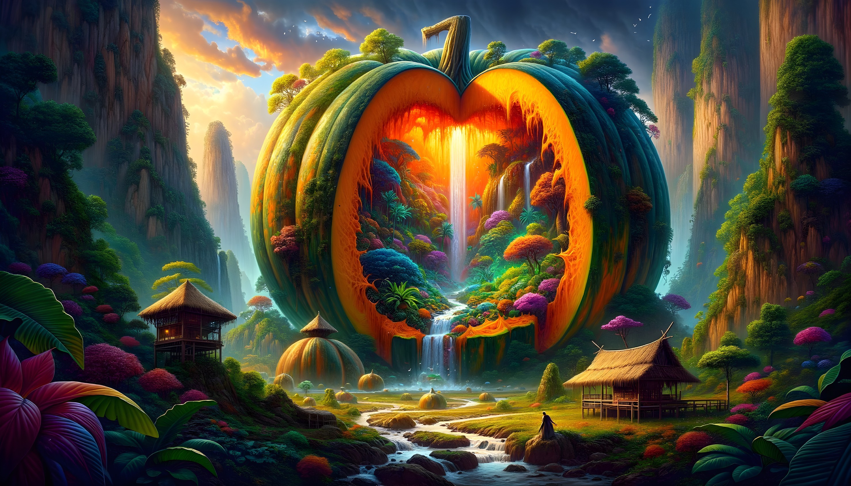 Vibrant Landscape with Heart-Shaped Pumpkin and Waterfall