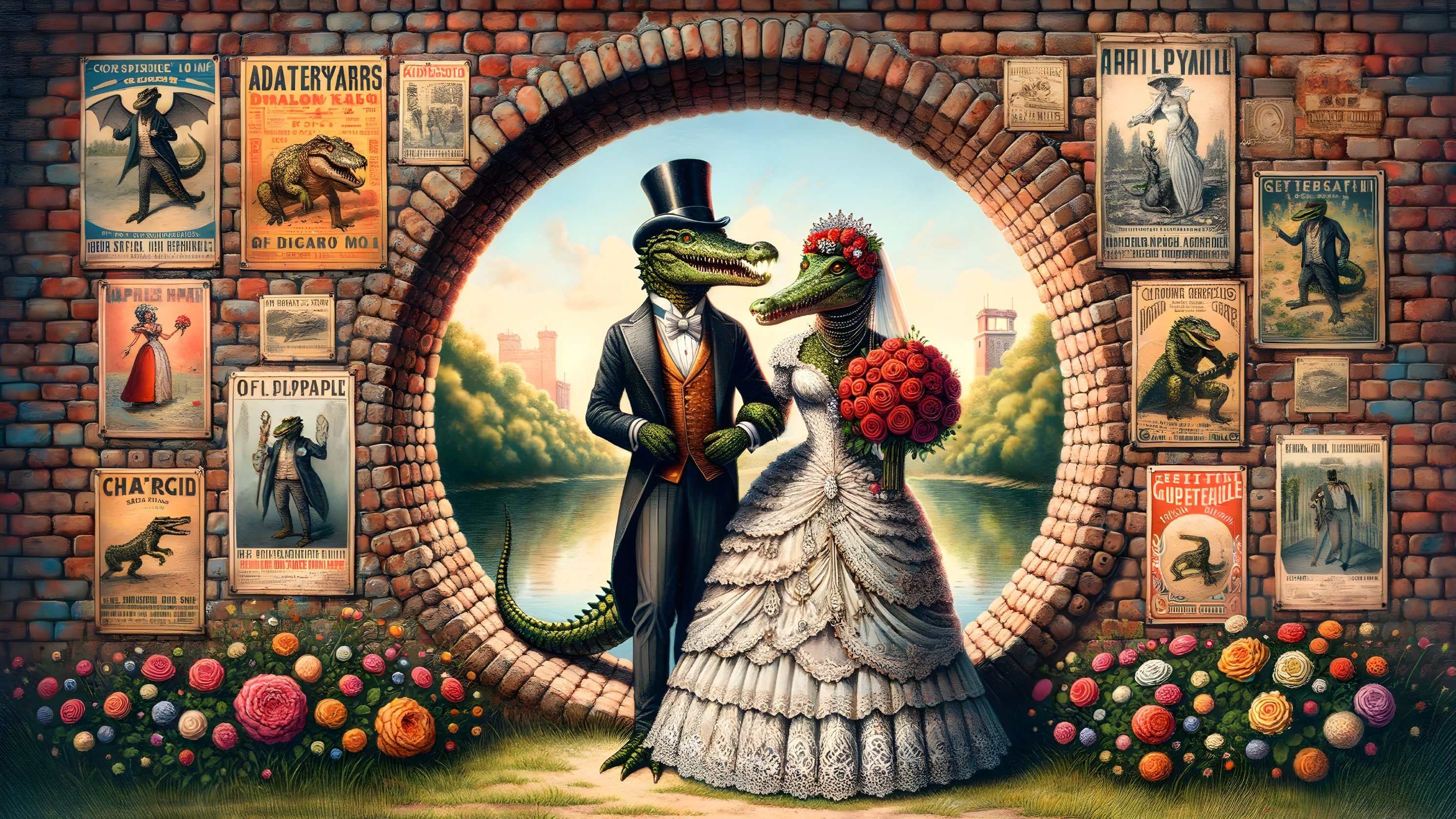 Anthropomorphic Alligators in Wedding Attire by Archway