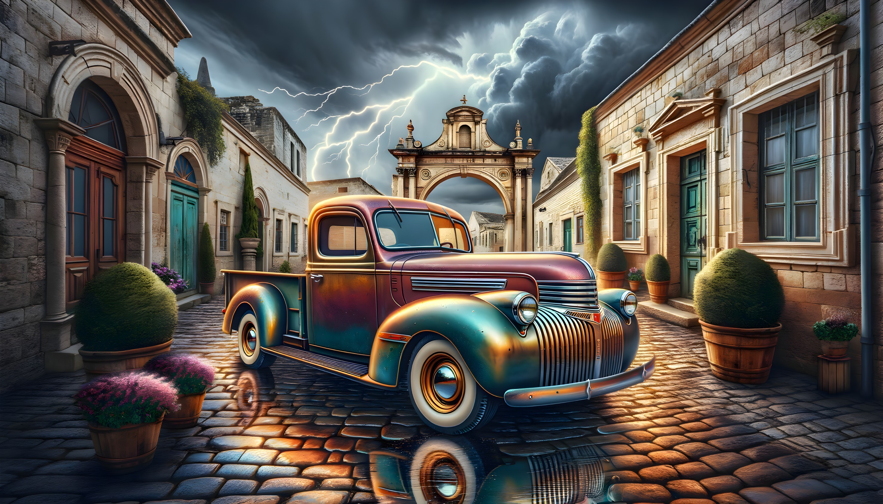 Vintage truck on cobblestone street in quaint town under dramatic lightning sky