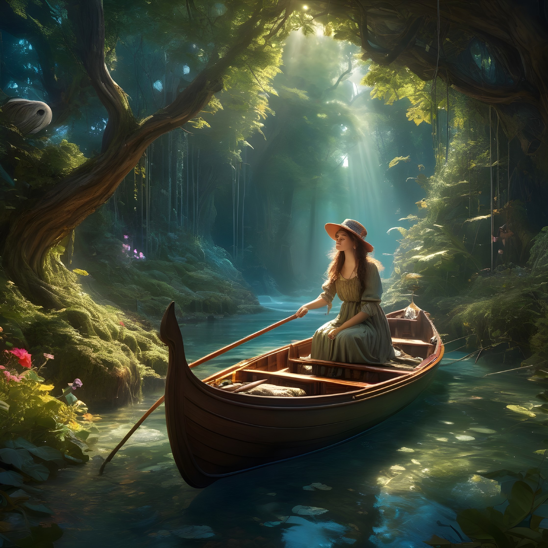 Young Woman Rowing in Enchanted Forest Scene