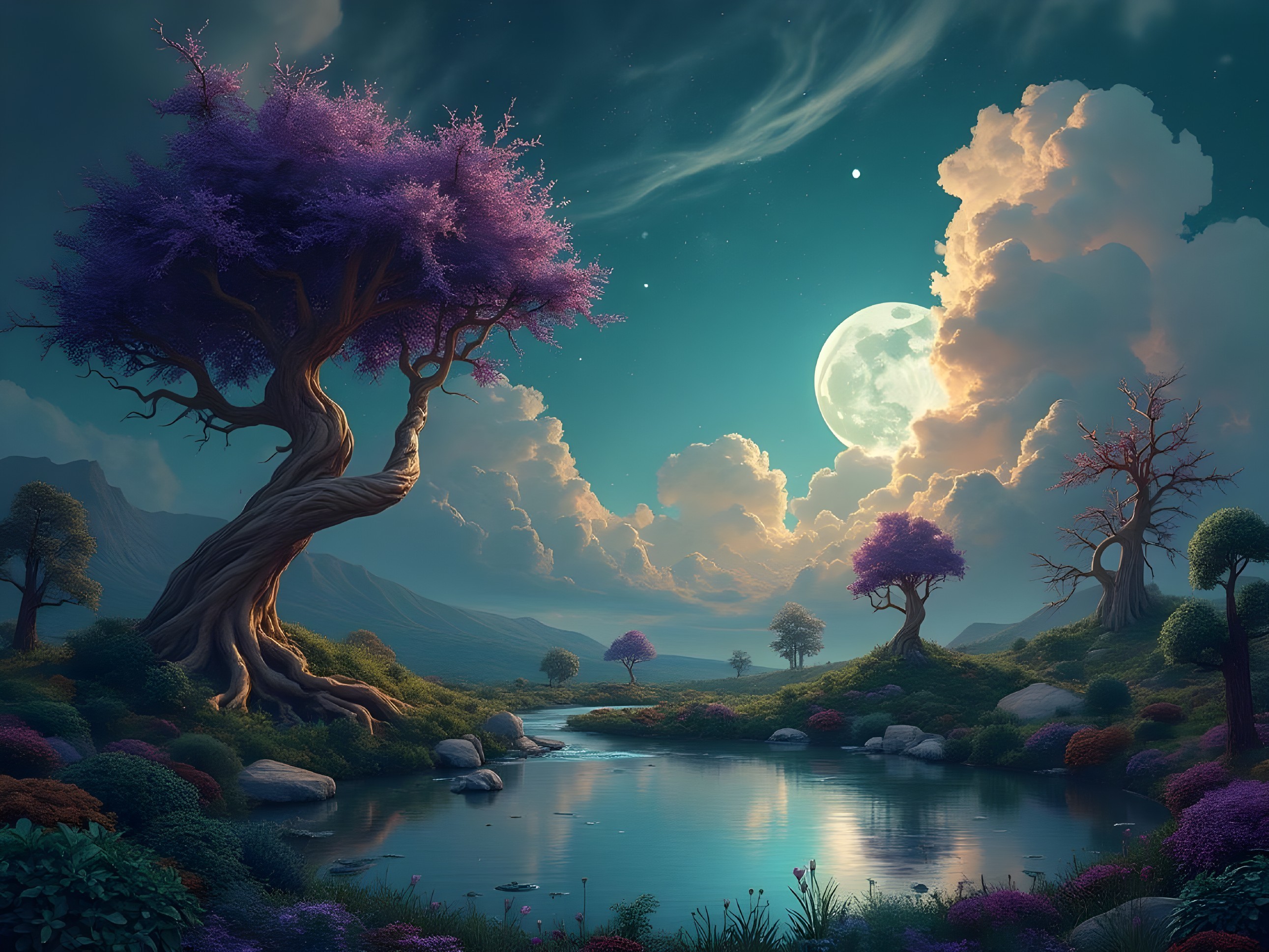Tranquil River Under Full Moon in Serene Landscape