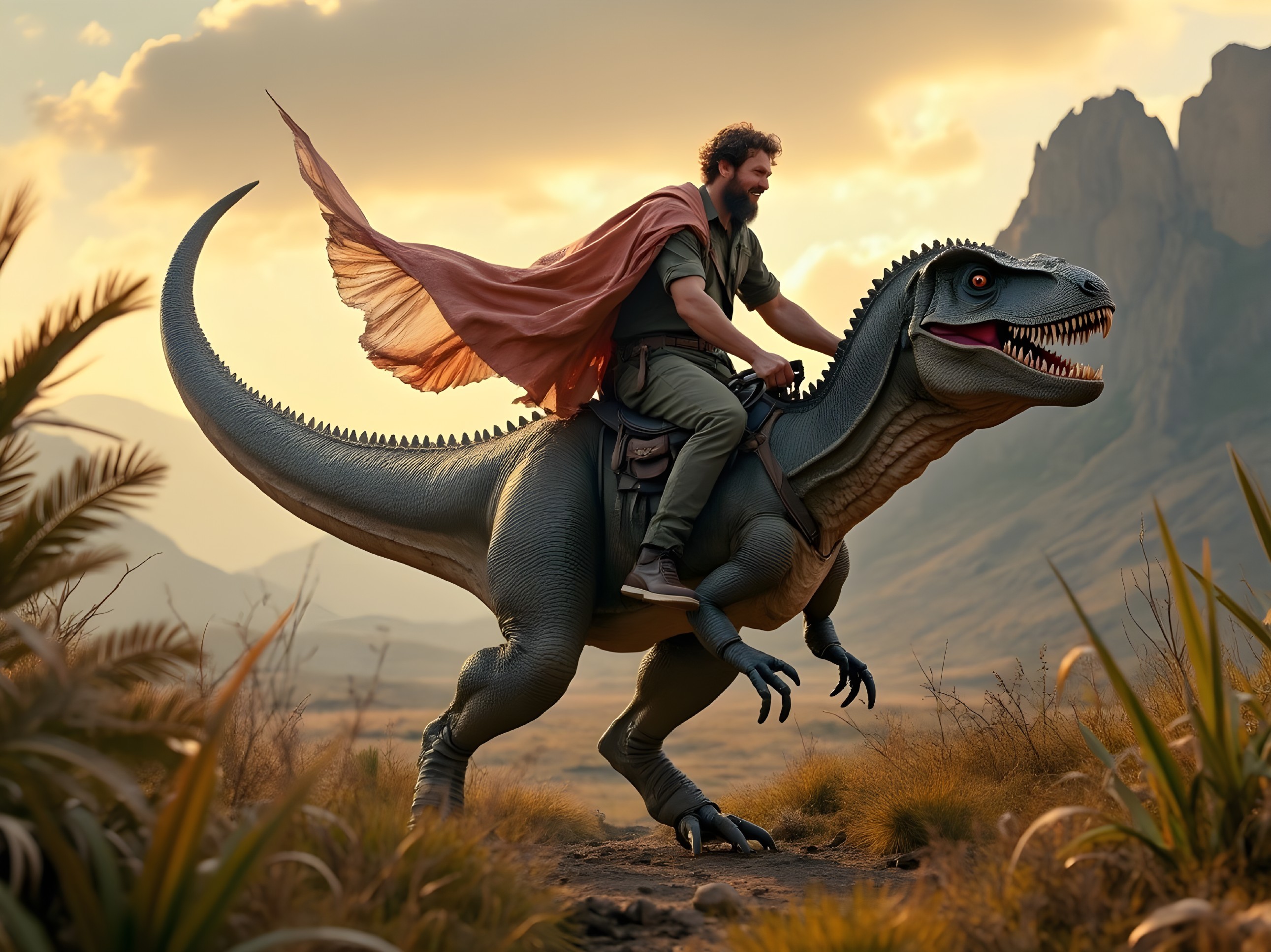 Man in Casual Attire Rides Dinosaur in Scenic Landscape