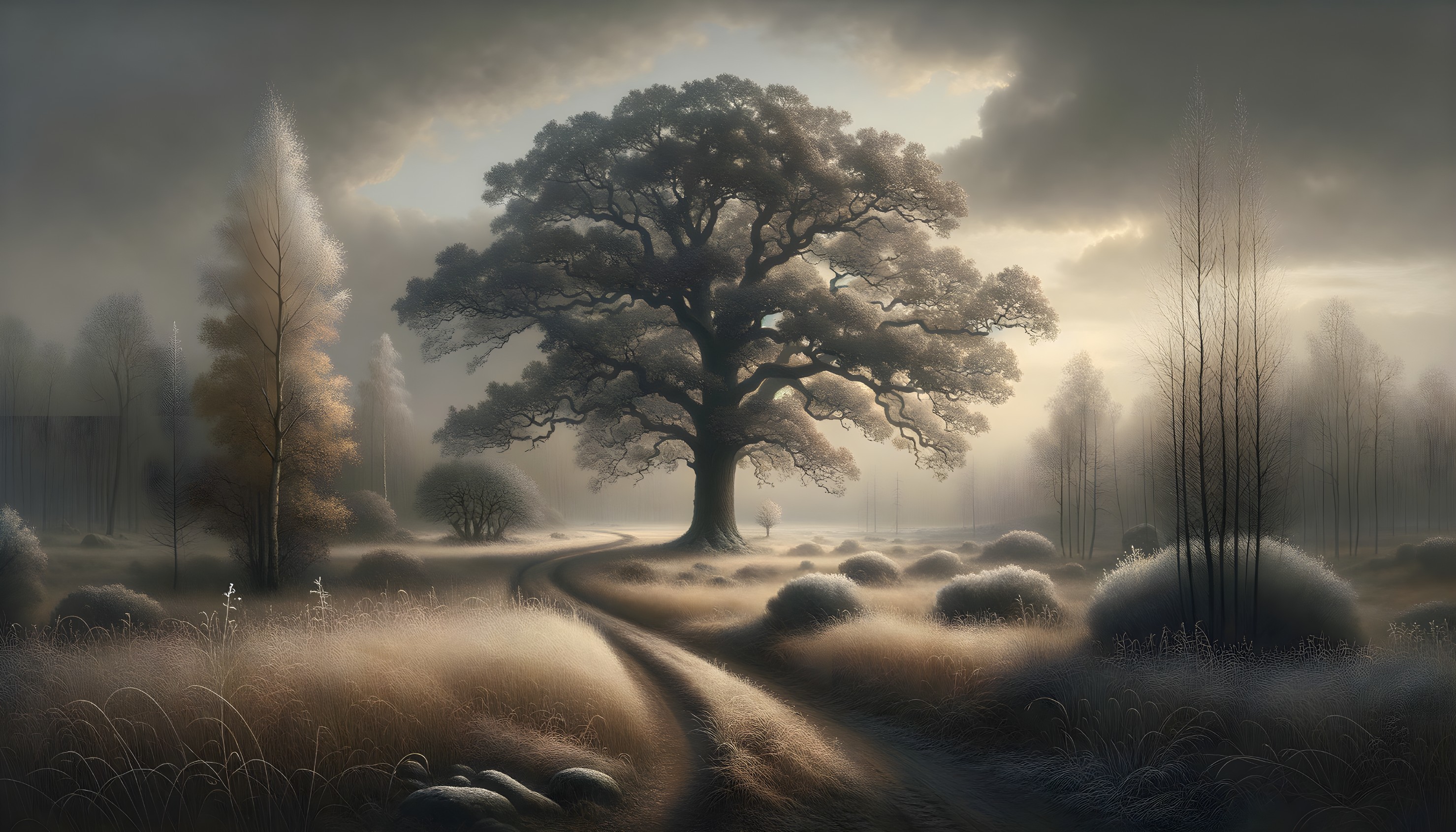 Solitary Tree in Misty Landscape with Serene Glow