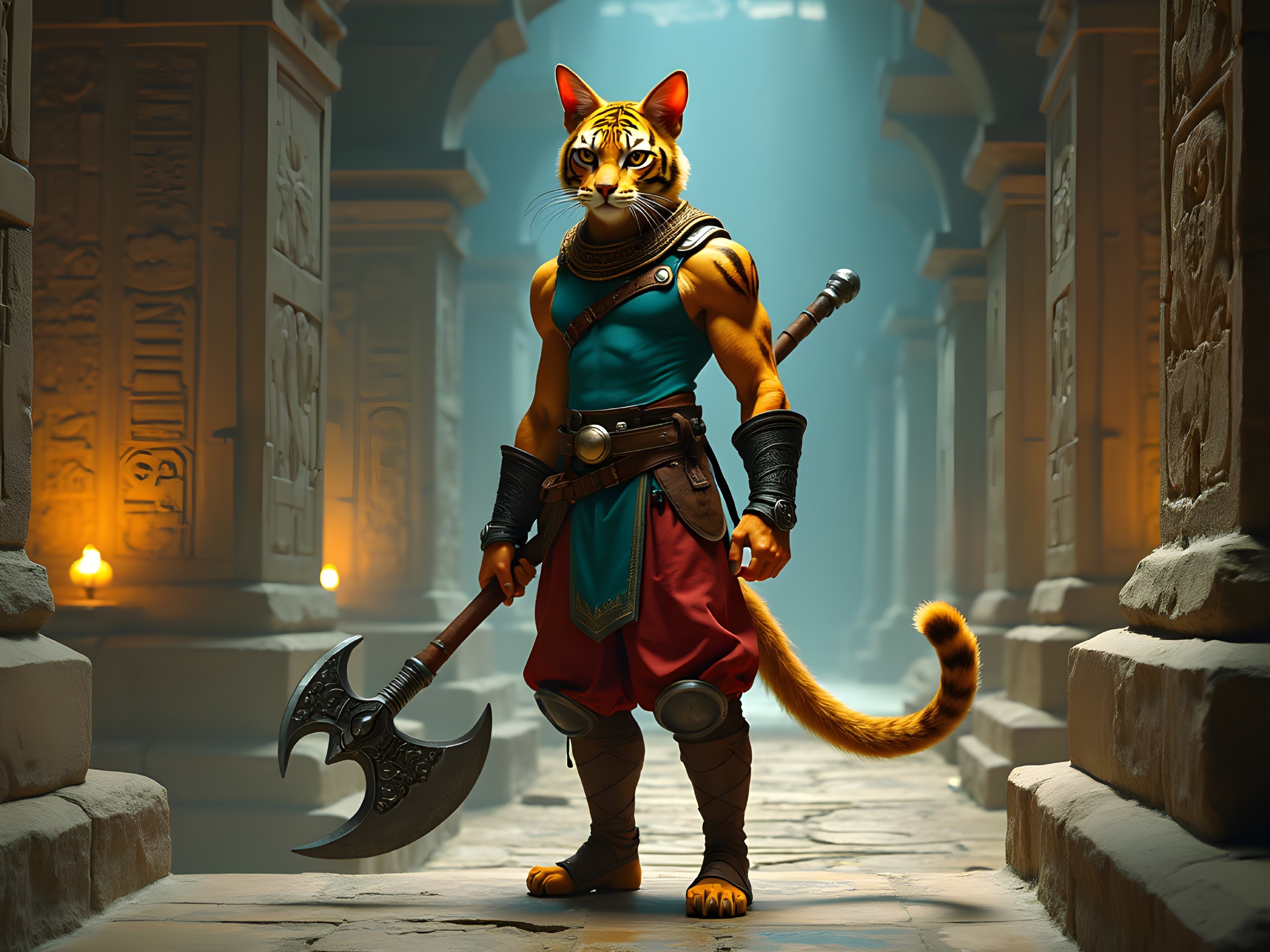 Muscular Tiger Character in Ancient Temple Setting