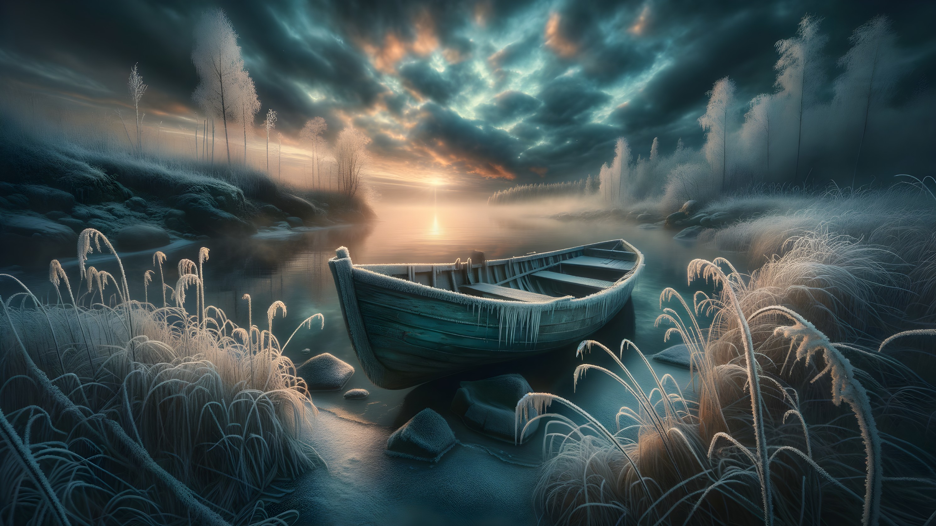 Serene Dawn Landscape with Wooden Boat and Misty Shoreline