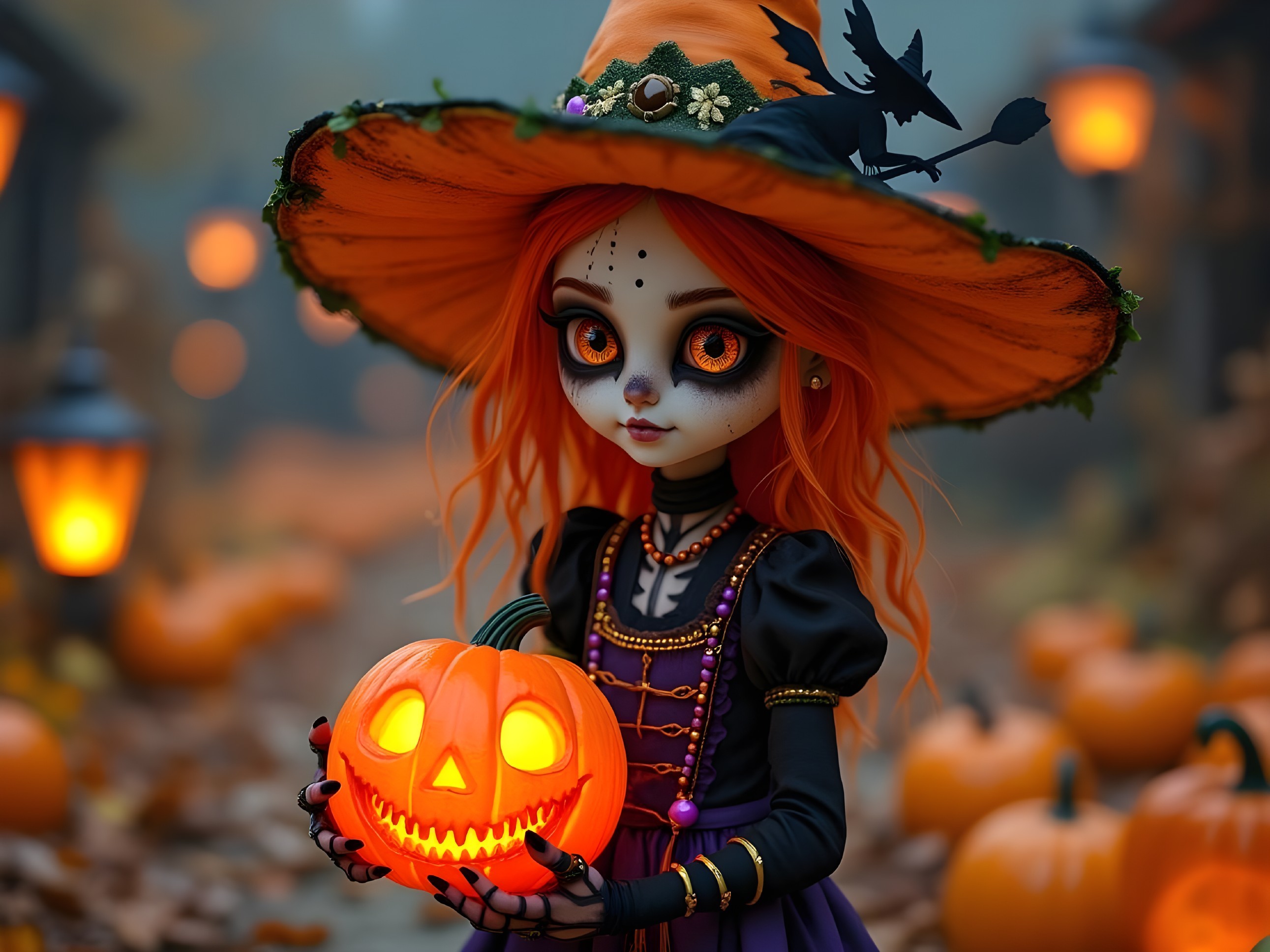 Whimsical Figure in Misty Pumpkin-Filled Setting