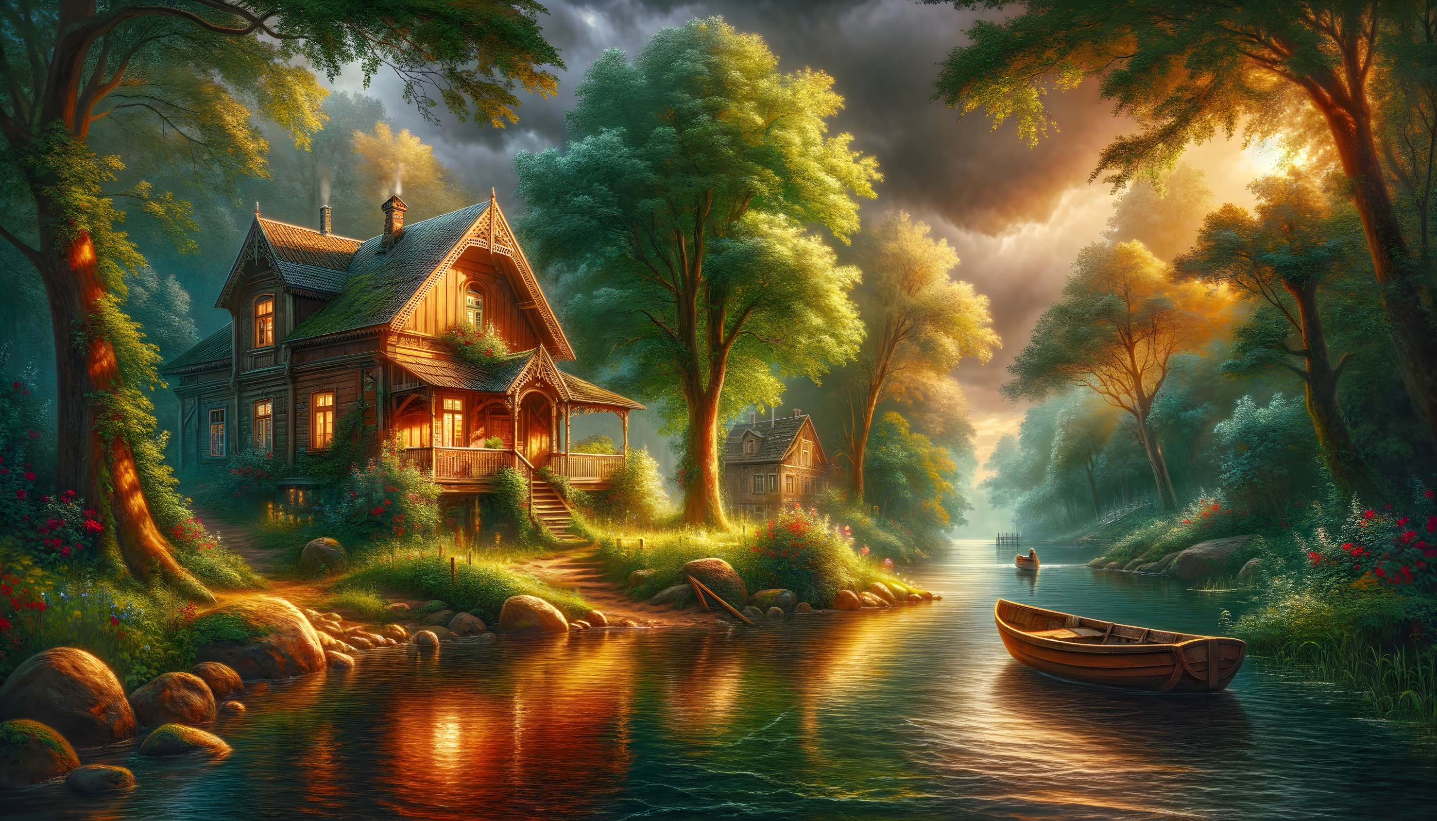 Serene Riverside Scene with Cottage and Lush Greenery