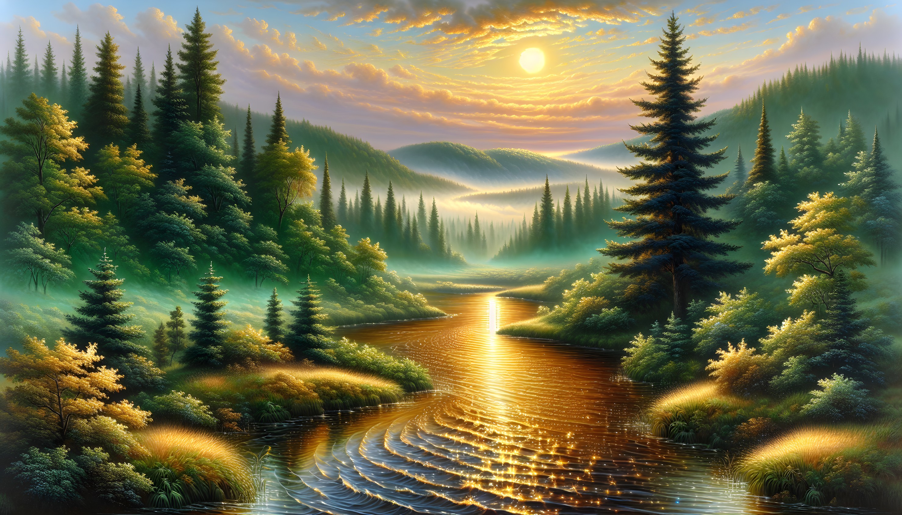 Sunlit River in Lush Green Landscape at Sunset