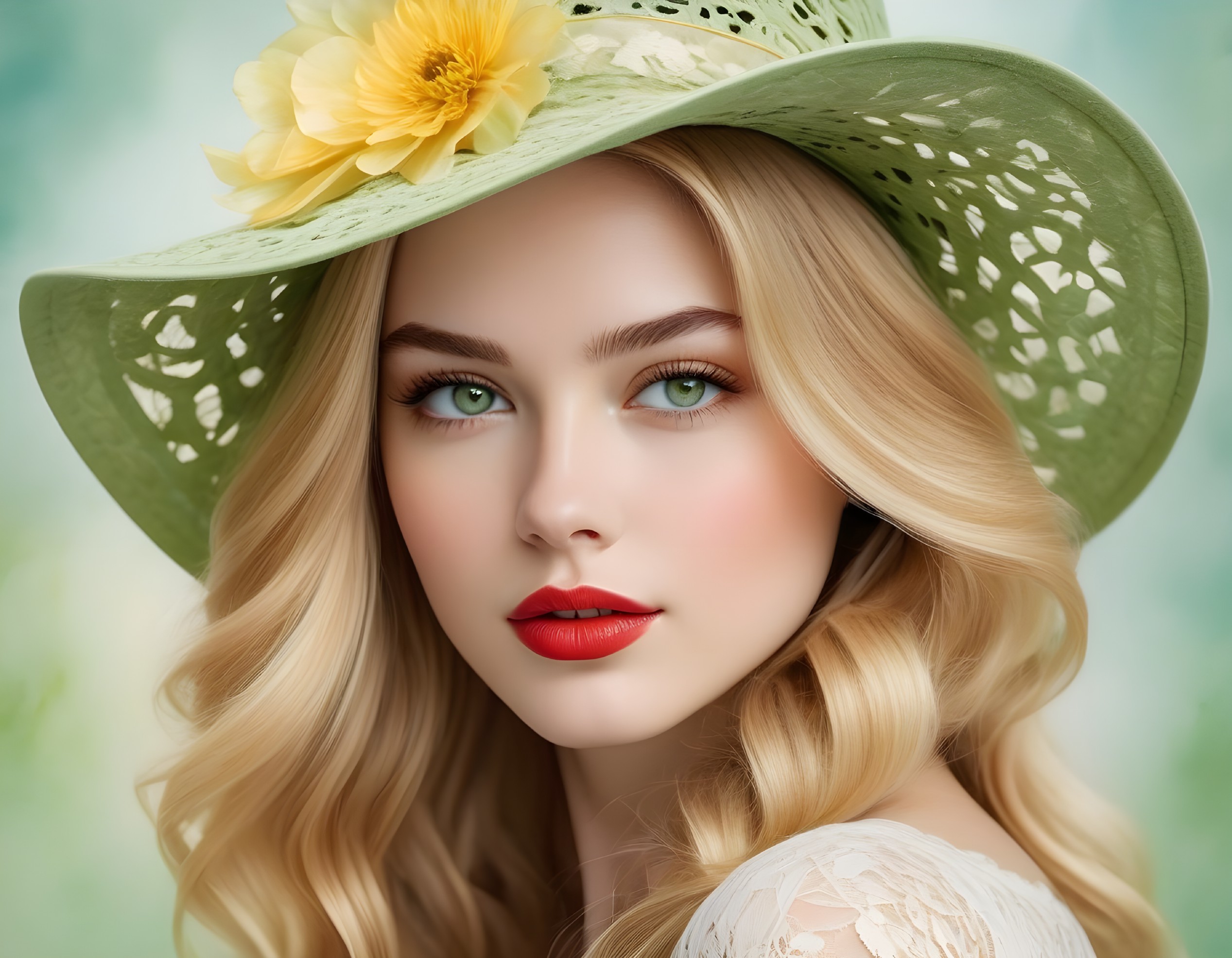 Young woman with blonde hair and green hat portrait
