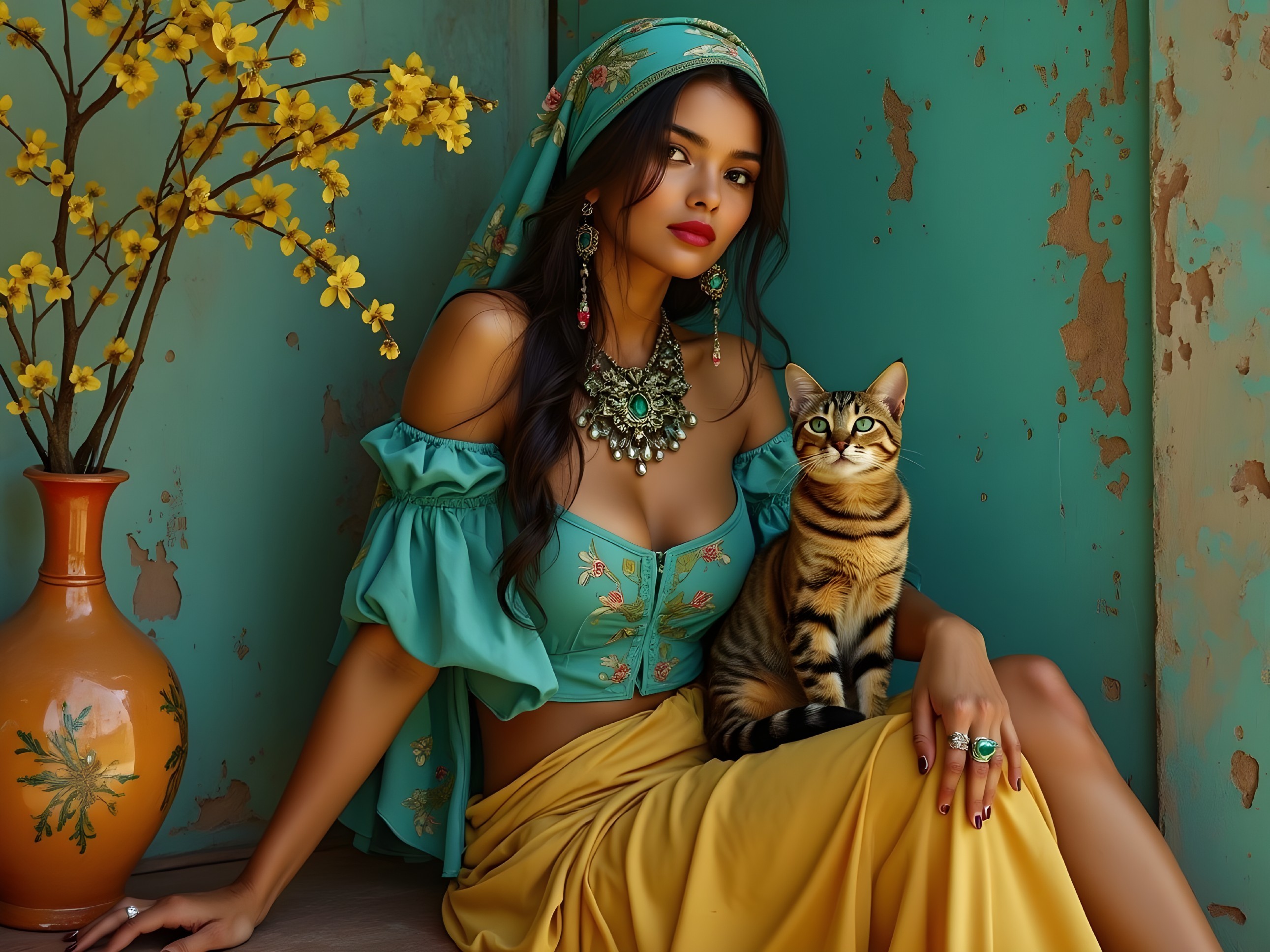 Elegant woman in turquoise blouse with tabby cat