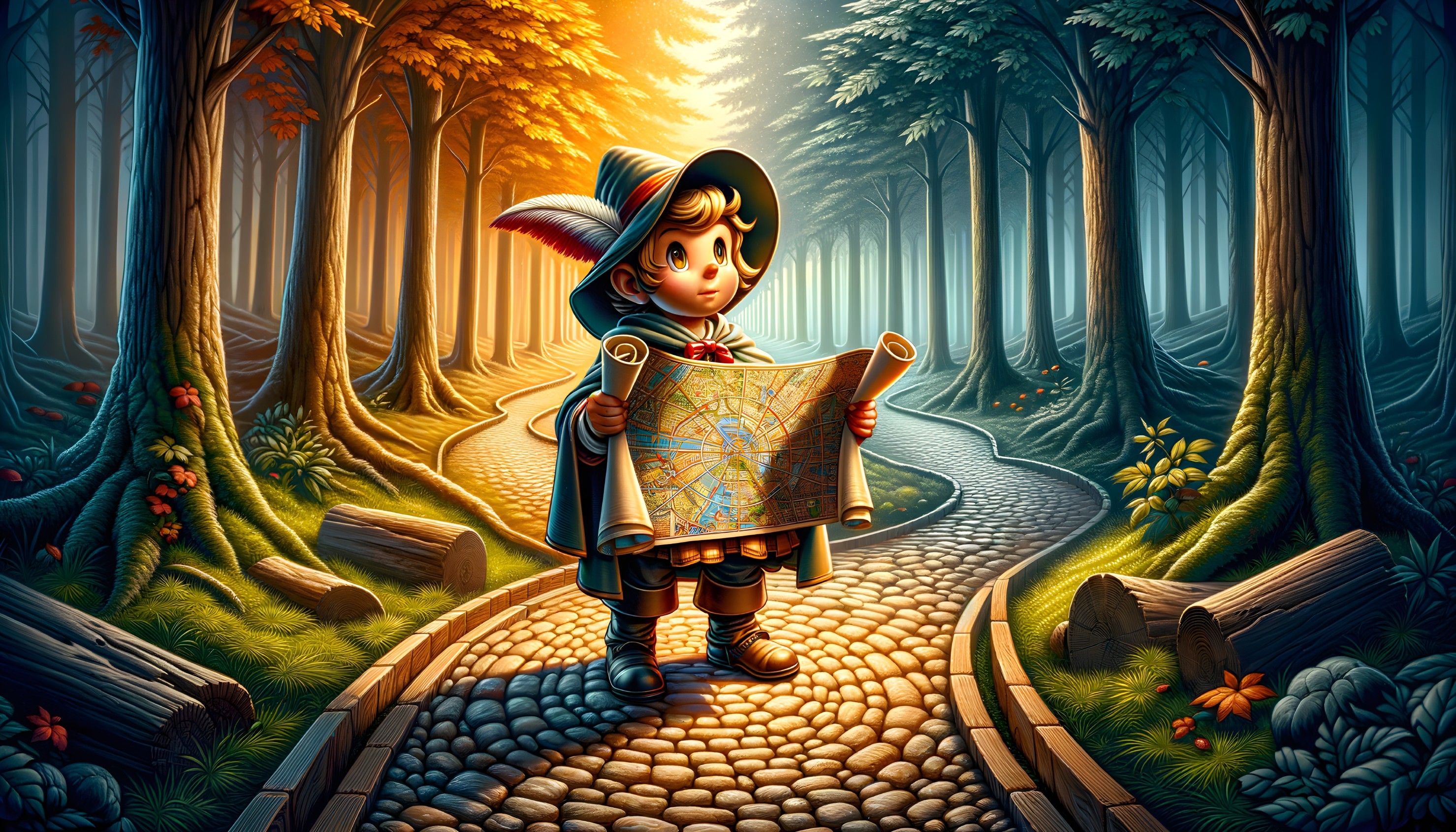 Child with map at forest fork under tree archway