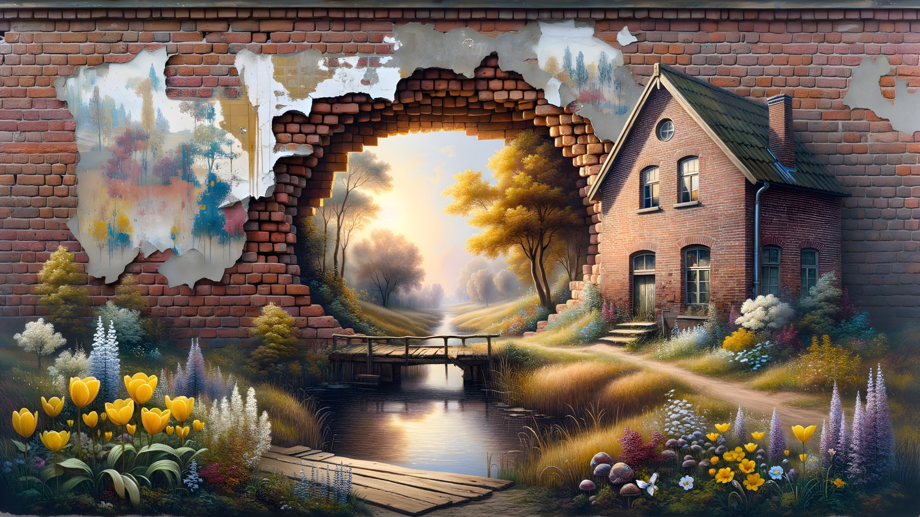 Cozy Brick House by Tranquil River and Bridge