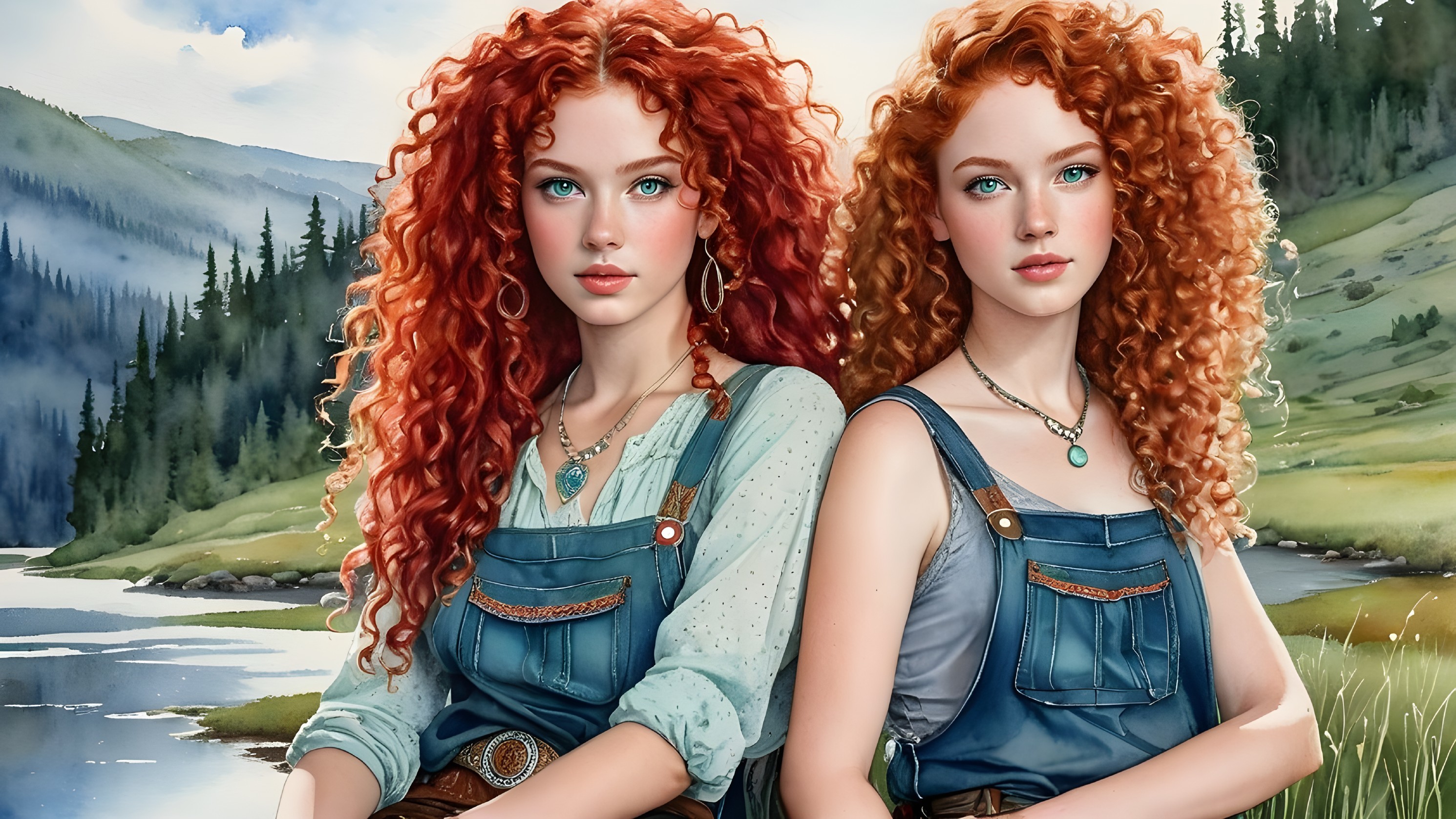 Young women with red curly hair by a tranquil river