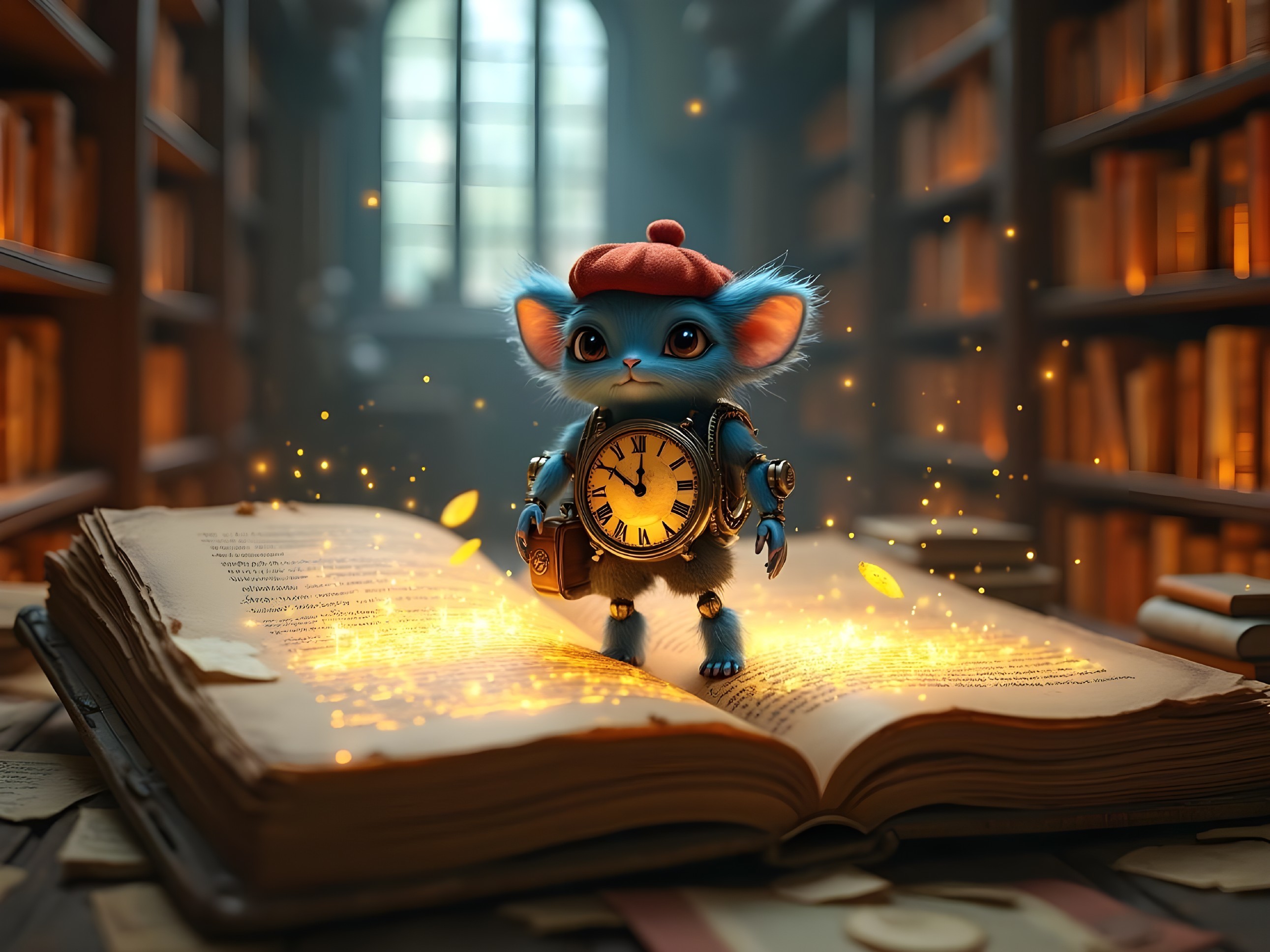Whimsical Creature in Dimly Lit Library Setting
