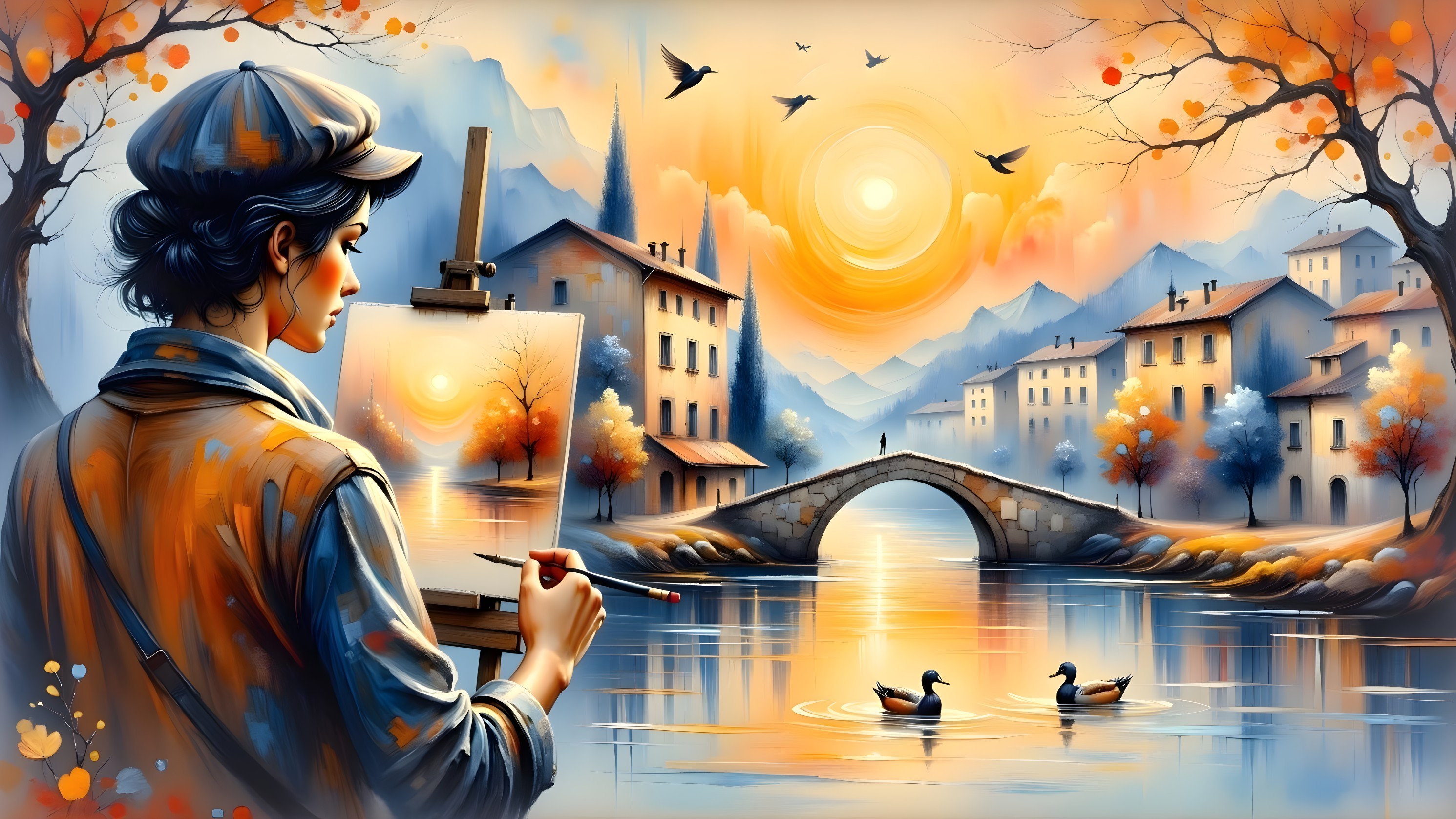 Serene Landscape with Artist by a Tranquil River