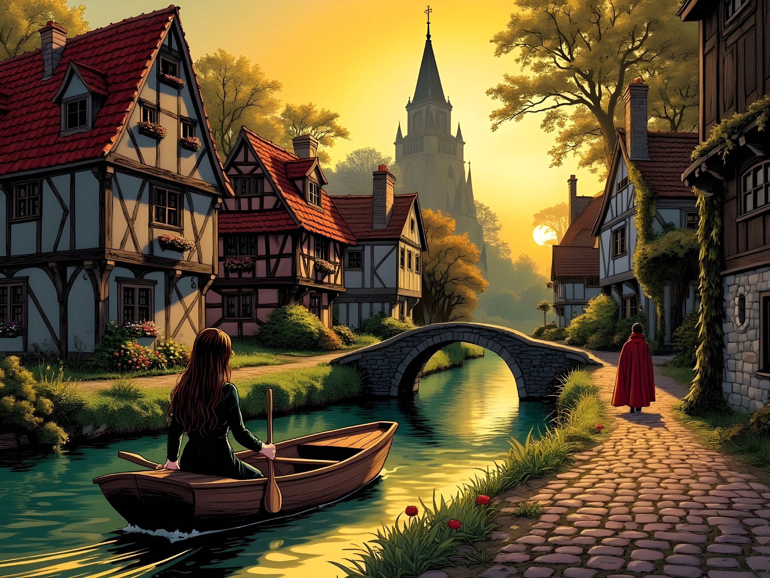 Tranquil Village Scene with Canal and Sunset Glow