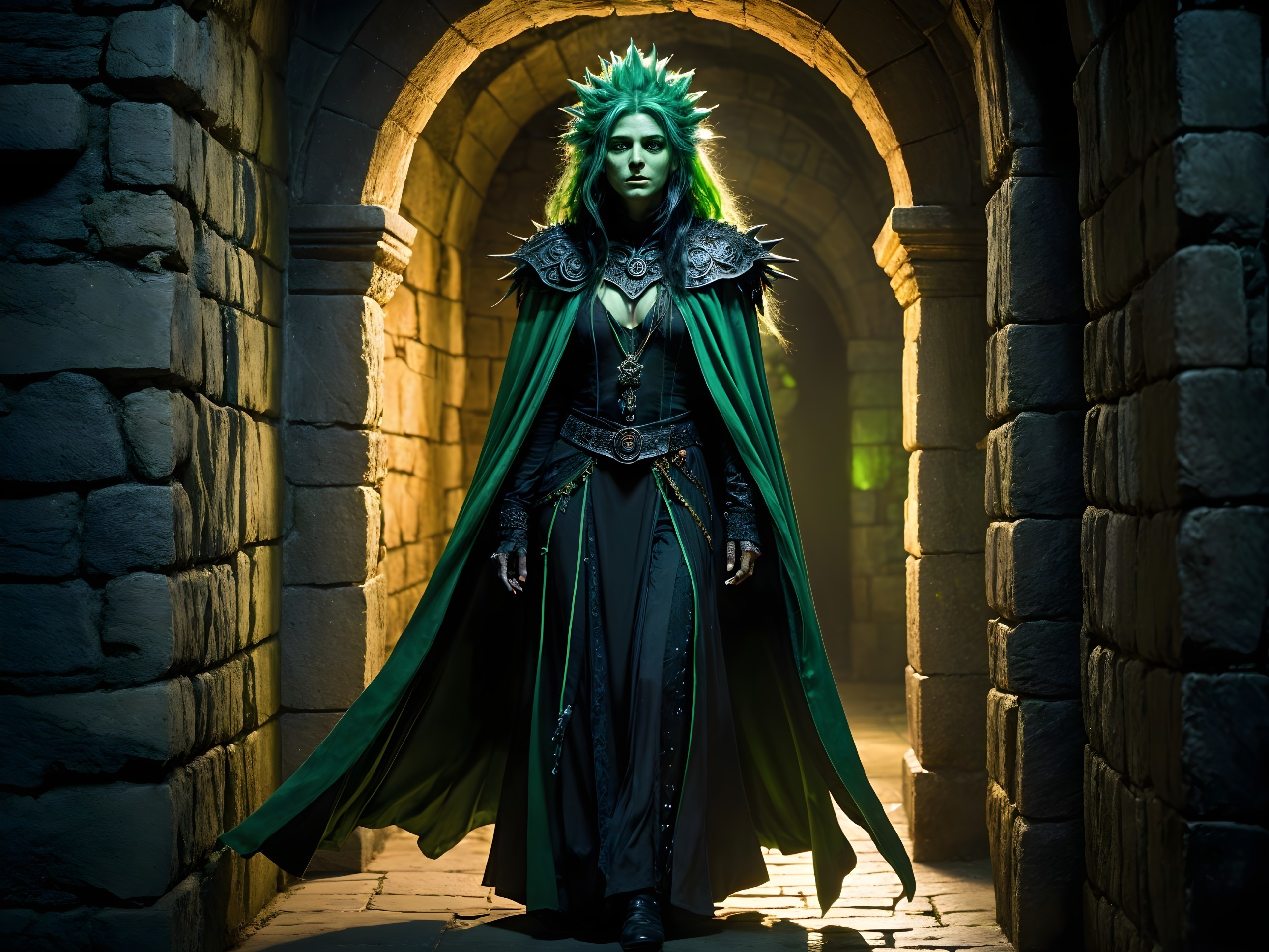 Sorceress in Dark Gown with Eerie Crown in Corridor