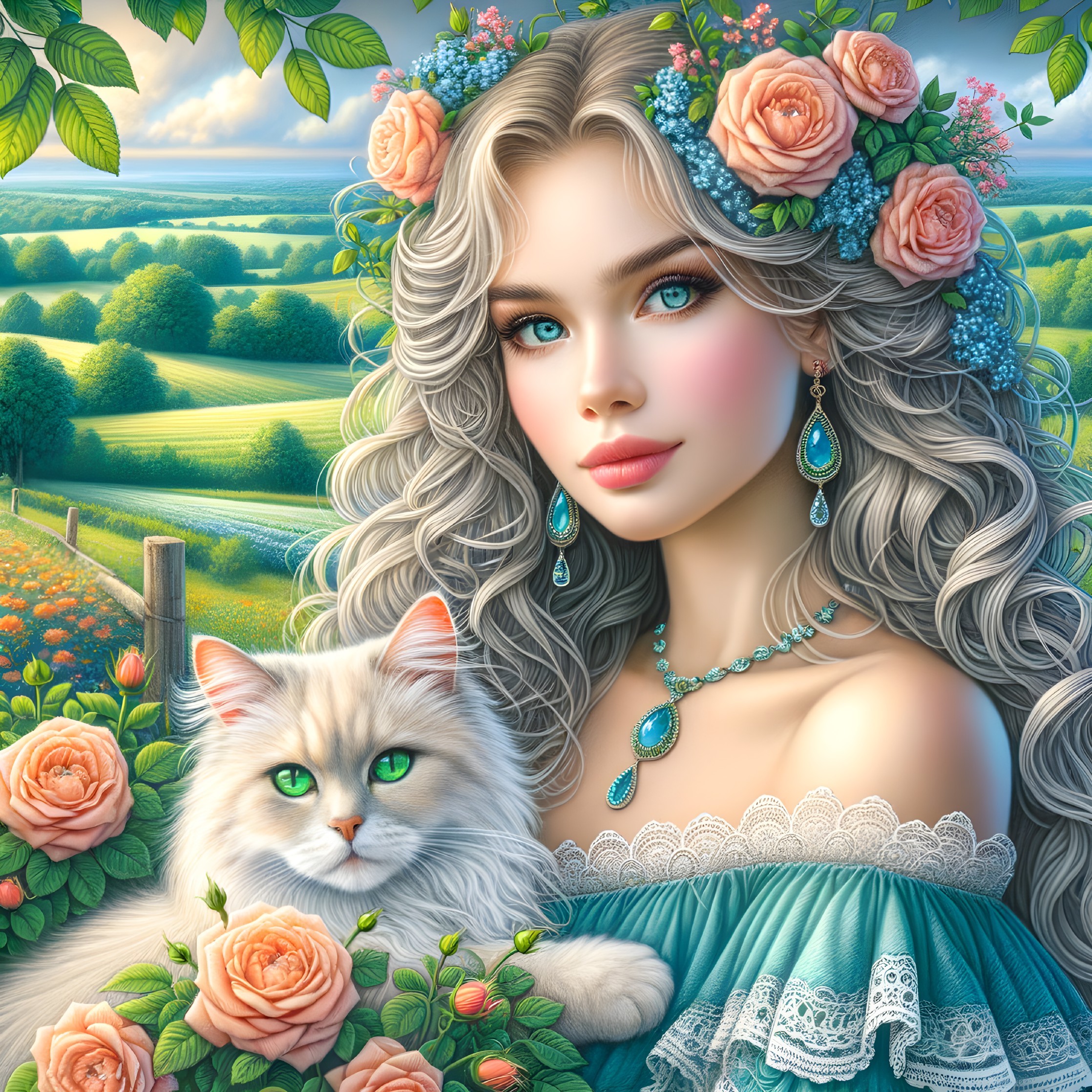 Young woman in teal dress with cat in lush landscape