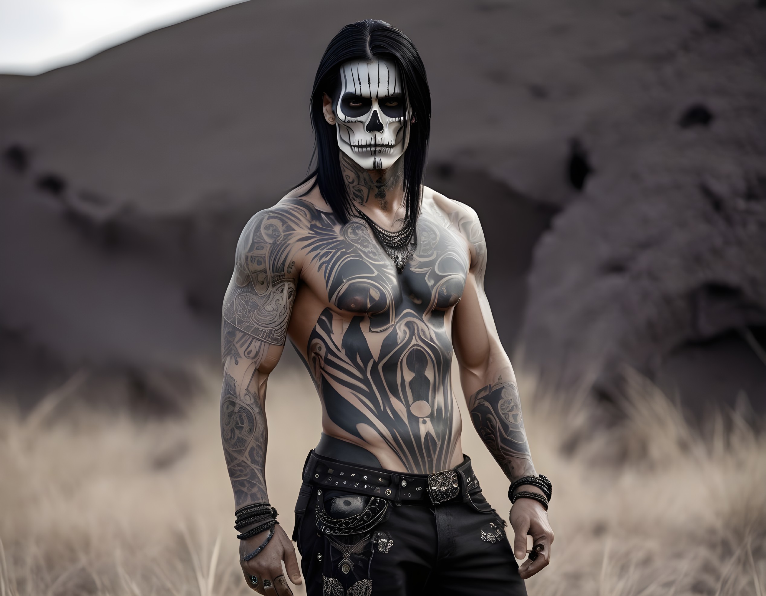 Shirtless Male Figure with Skull Face Paint and Tattoos