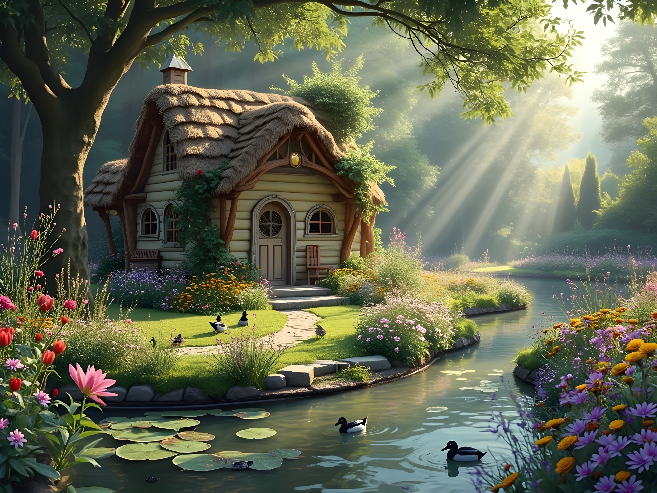 Thatched-roof cottage by a serene winding stream