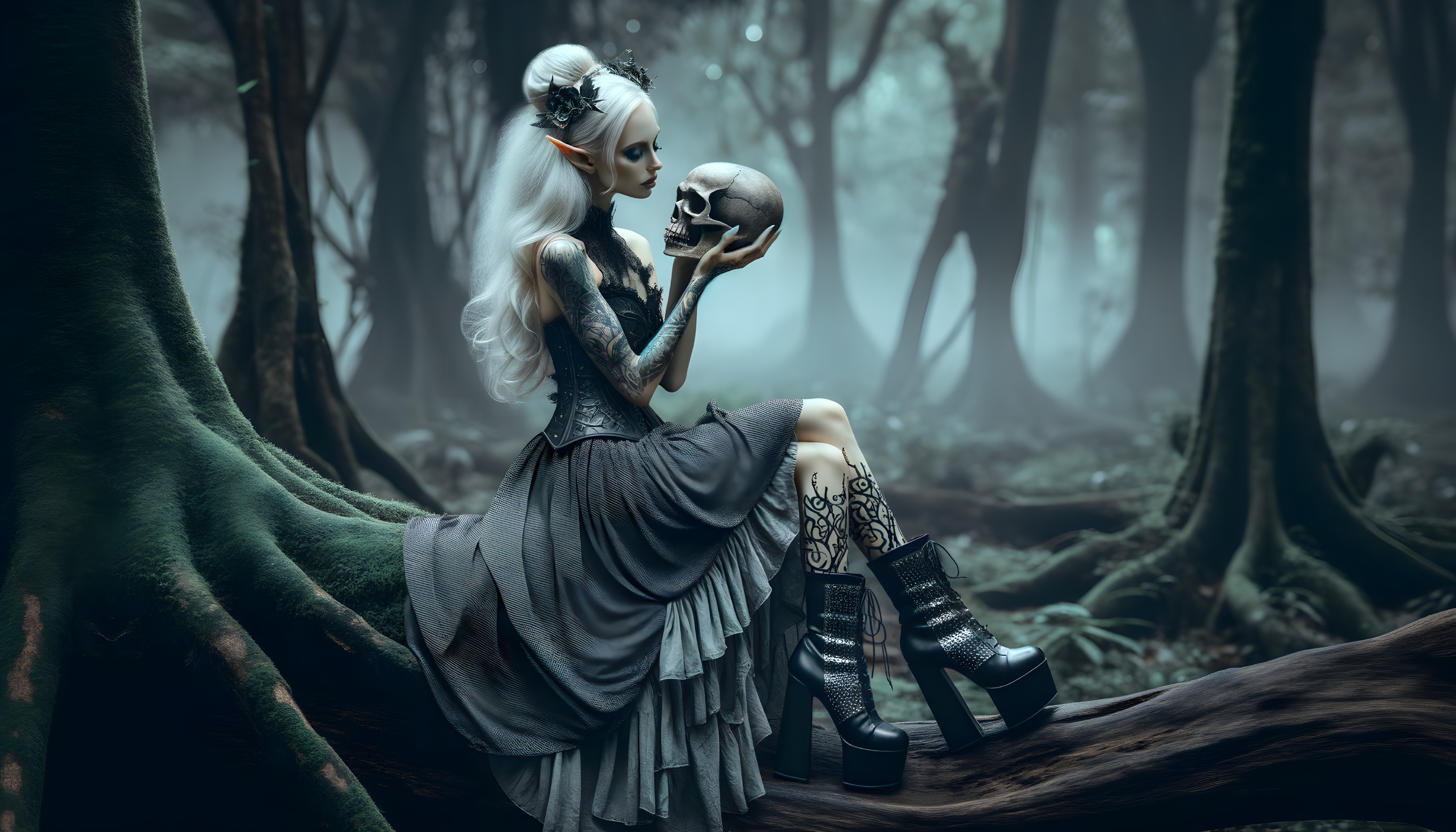 Misty Forest Scene with Pale Figure and Skull