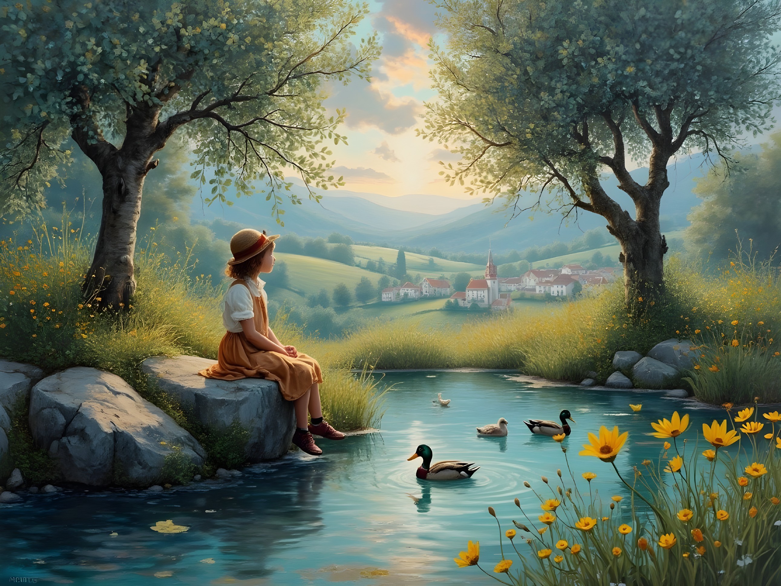 Young girl in sunlit meadow by calm pond