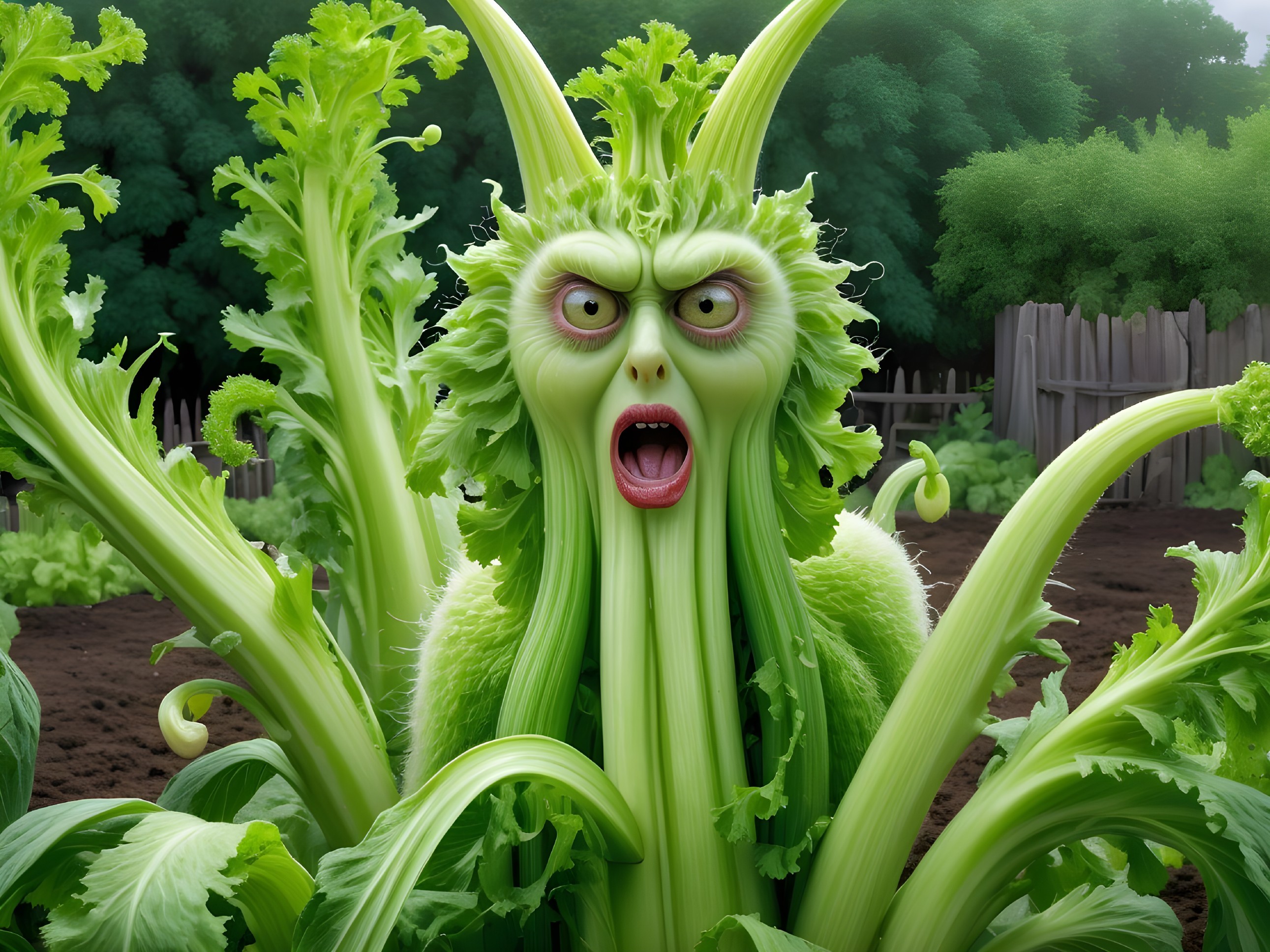 Whimsical Celery Character in Lush Garden Setting