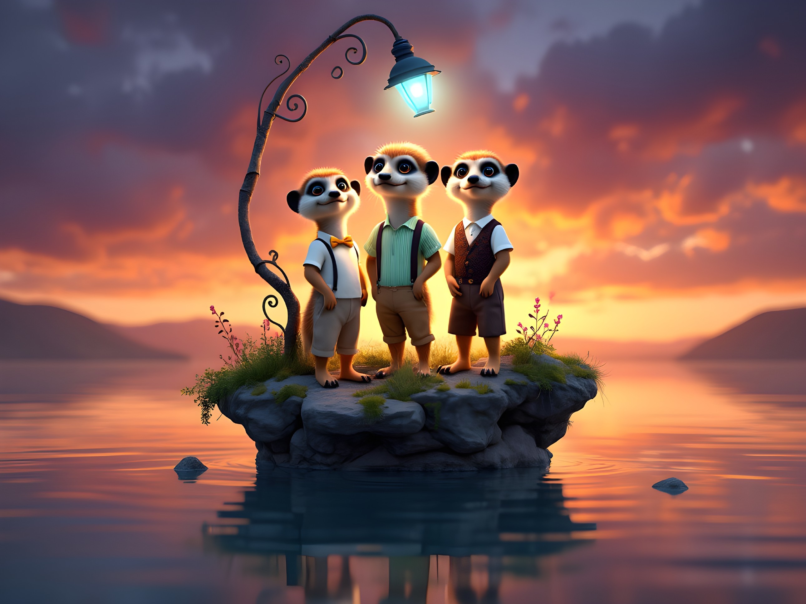 Animated meerkats on a rocky island at sunset