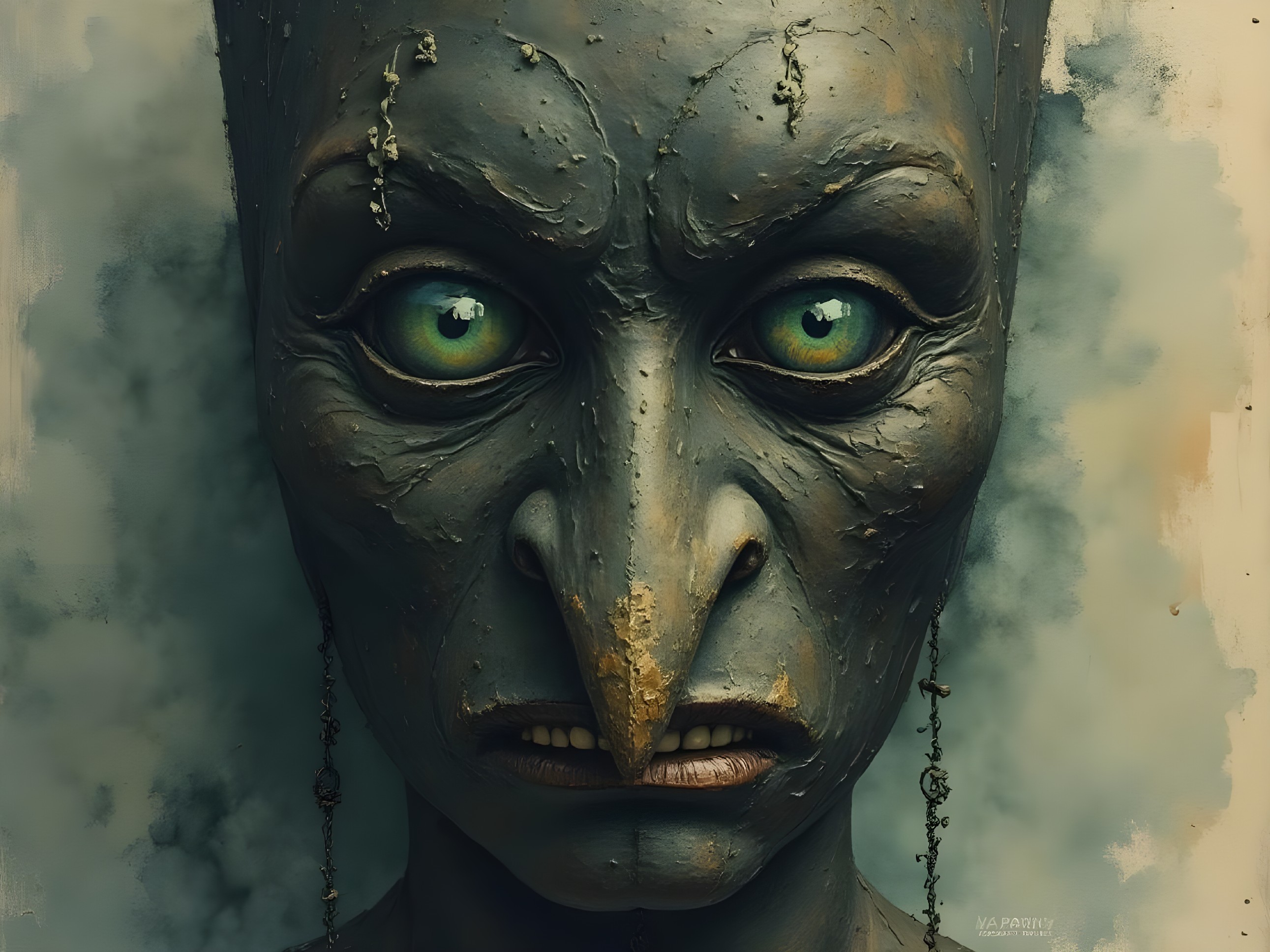 Humanoid Figure with Bird-Like Face and Green Eyes