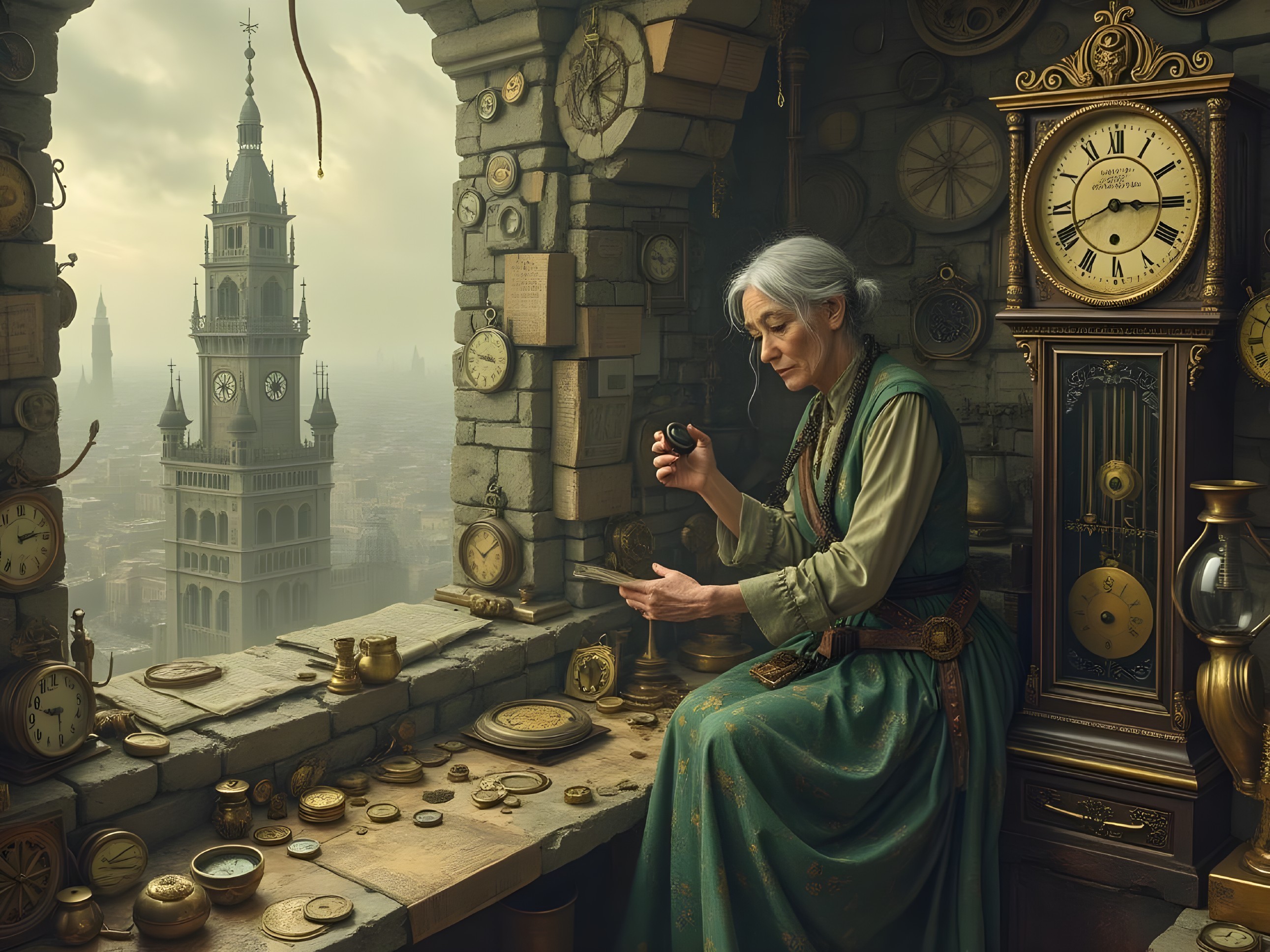 Elderly Woman Examines Watch in Clock-Filled Room
