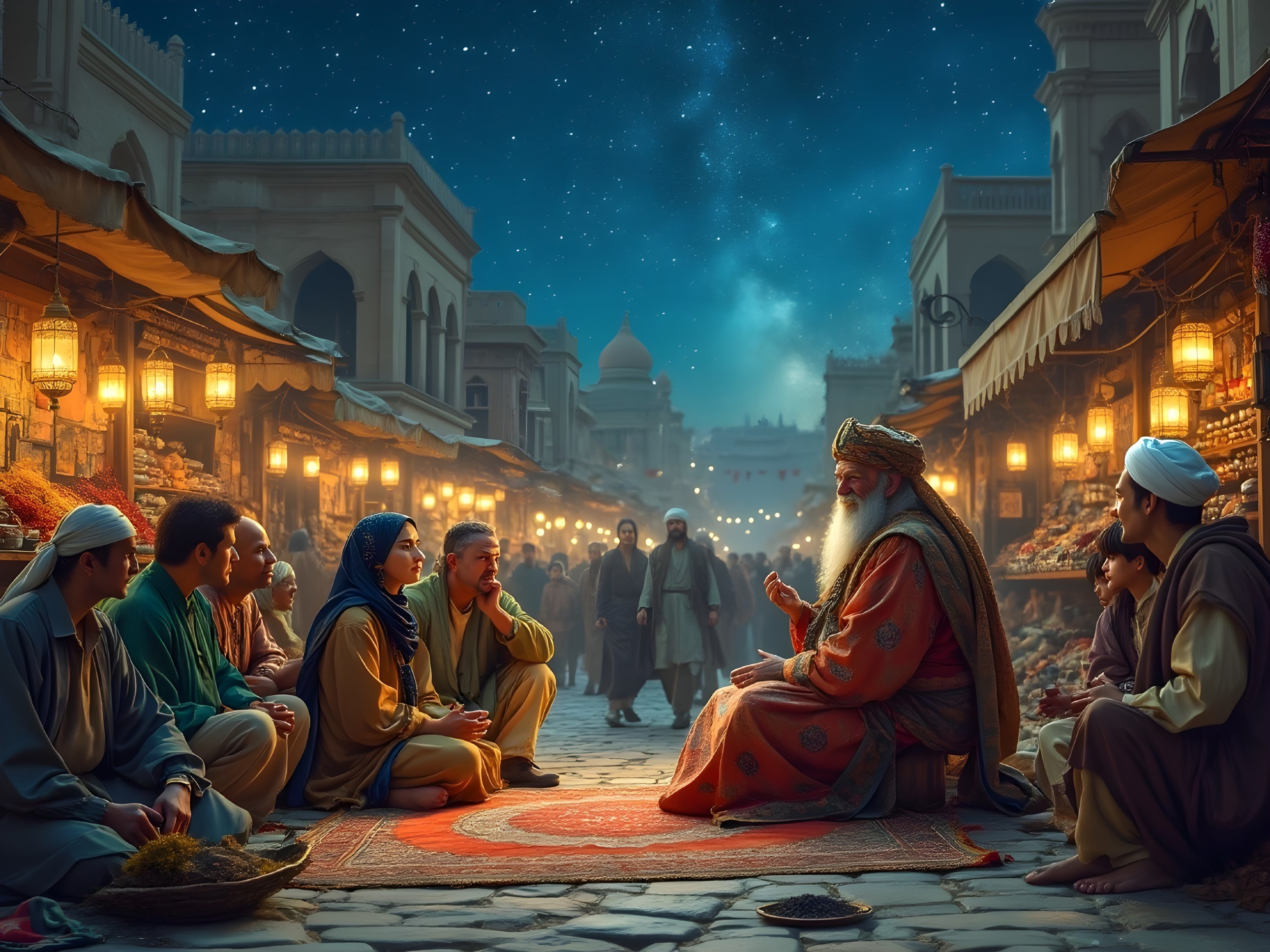 Elder Shares Stories in Lantern-Lit Market Setting