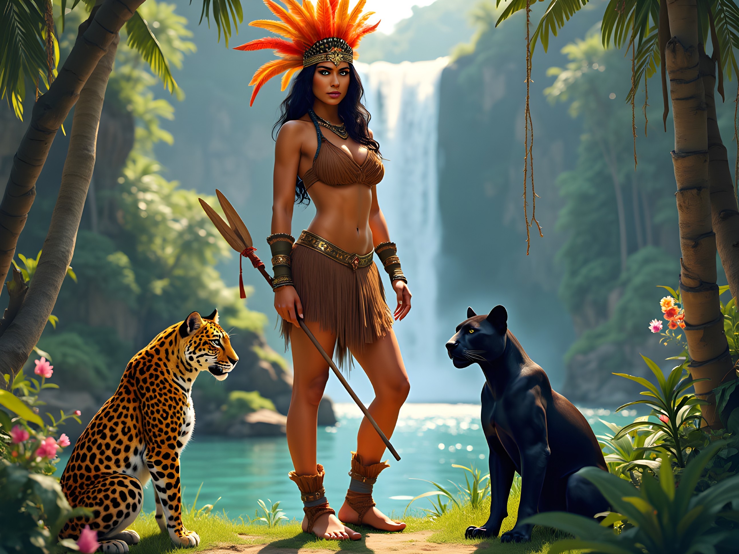 Warrior Woman with Panthers by Serene Waterfall