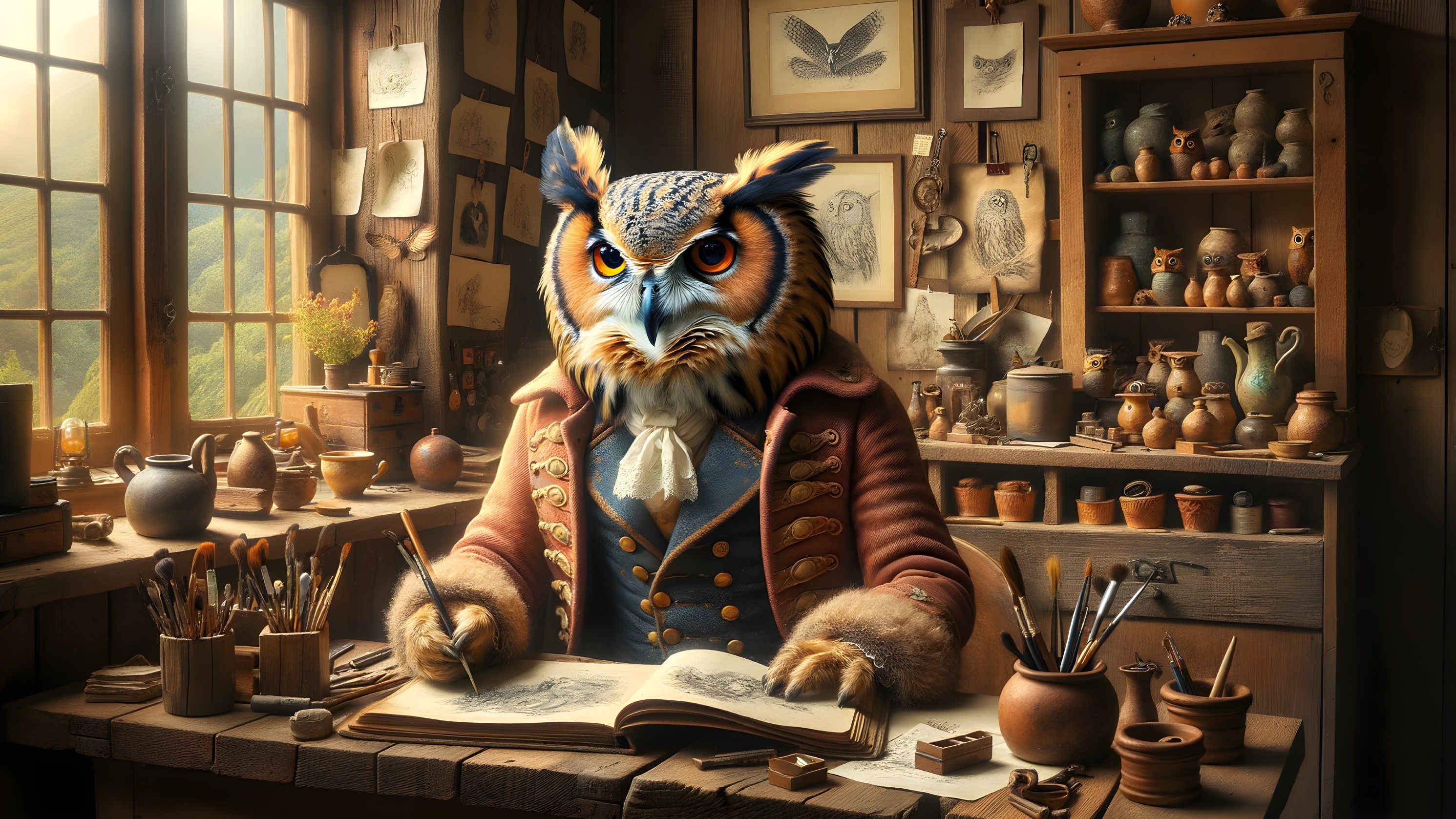 Owl-Headed Figure Sketching in Cozy Workshop