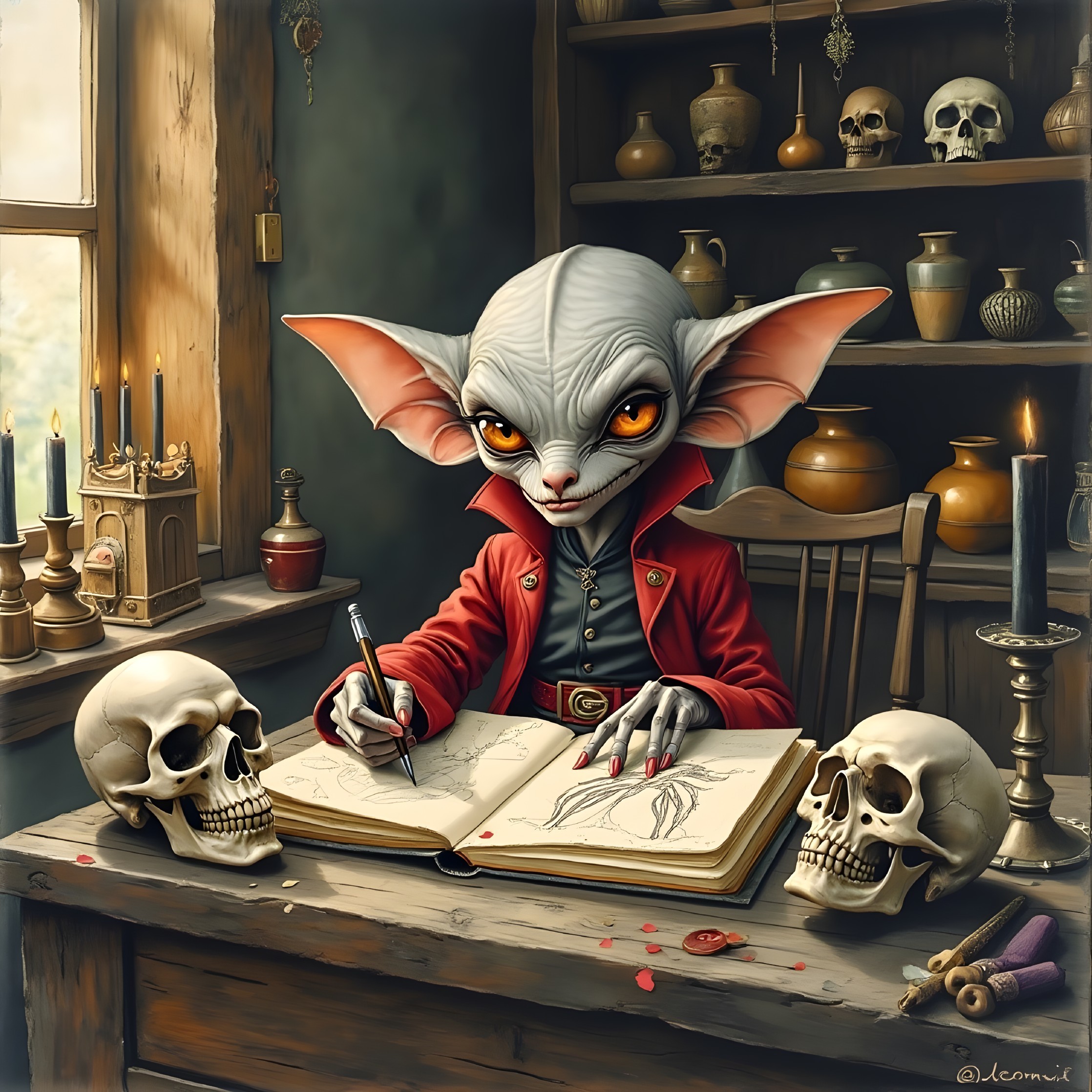 Whimsical creature sketches in a cozy dimly lit room