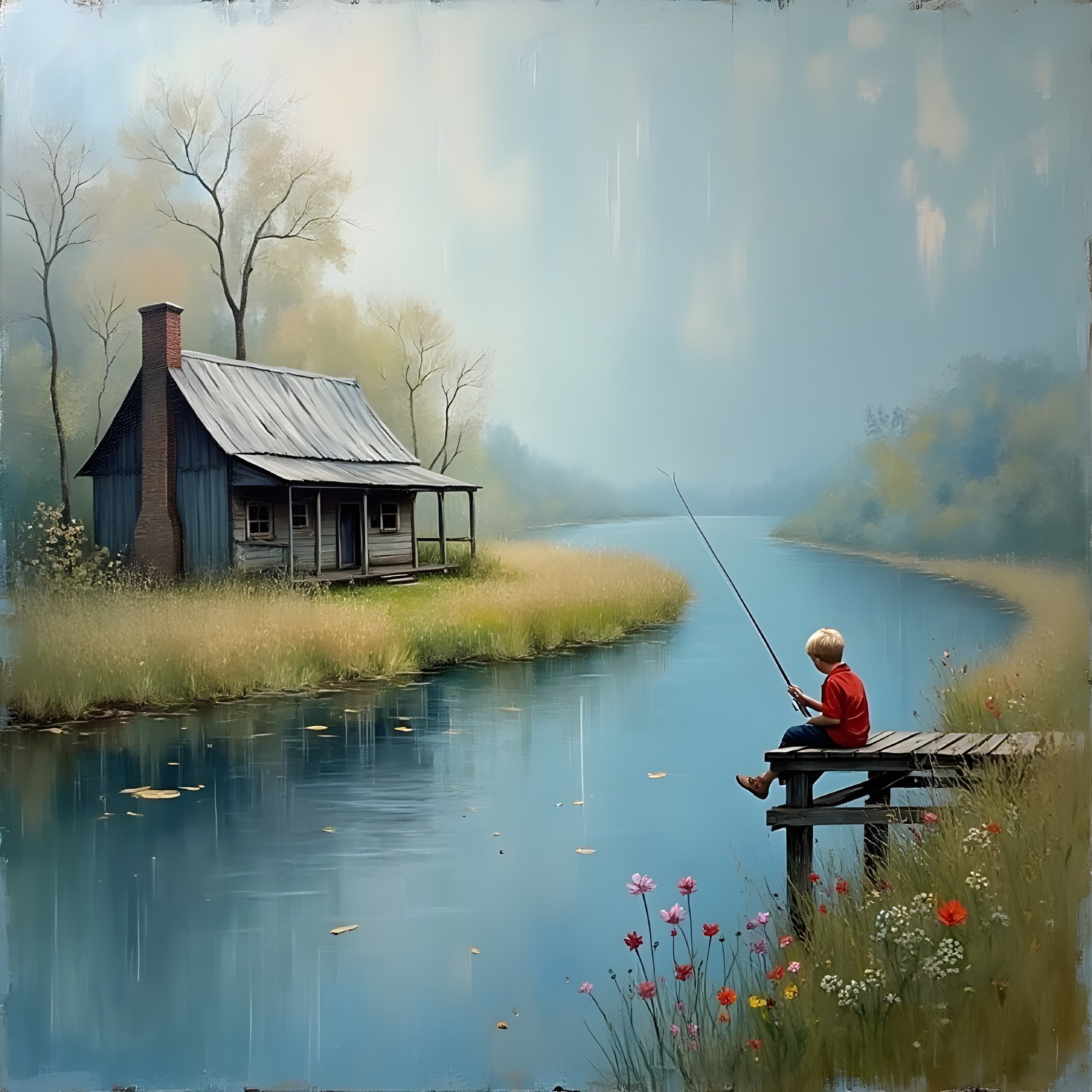 Young Boy Fishing by Tranquil River with Cabin Nearby